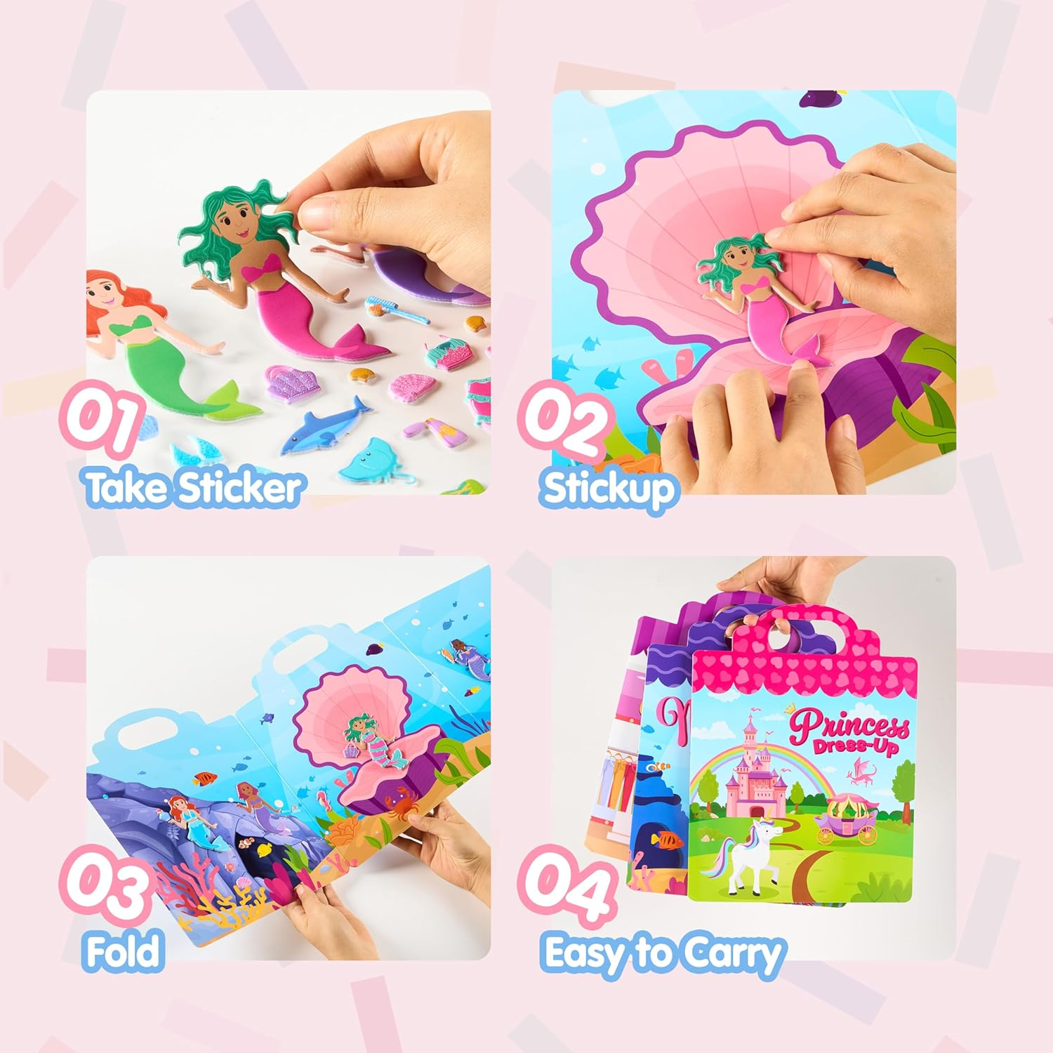 JOYIN 3 Sets Dress-Up Reusable Sticker Book for Toddlers, 3D Sticker Books for Kids 3 4 5, Travel Essentials, Airplane Activity Toys, Crafts Gifts, Birthday Gifts - Fashion, Mermaid, Princess image number 5
