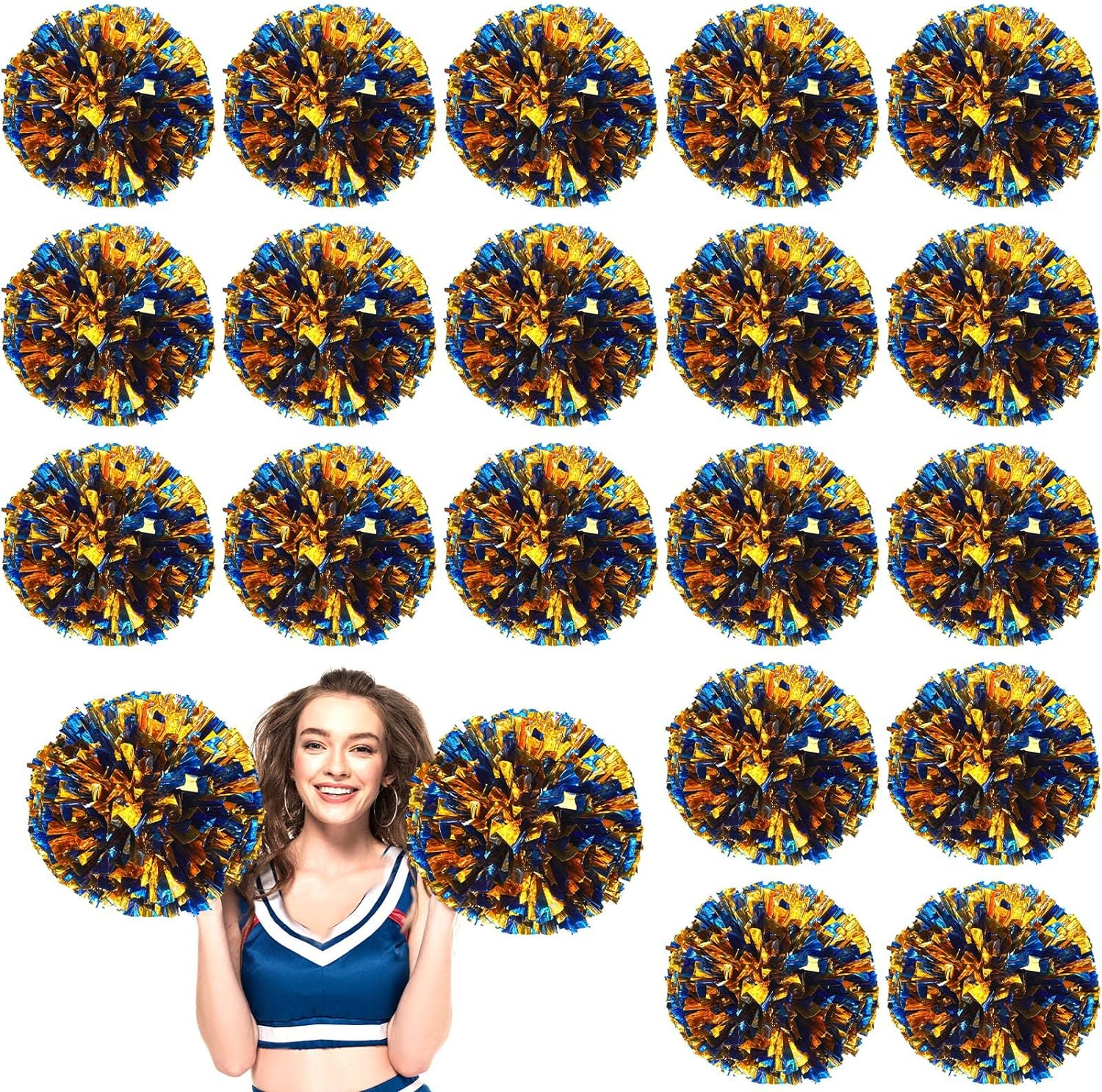 24 Pcs Metallic Foil Cheerleading Pom Poms with Plastic Finger Holes Cheerleader Pom Poms 80G Cheer Pom Poms for Dance, Matches, Team Sports, Stage Performance, Carnival Celebration (Blue/Gold)