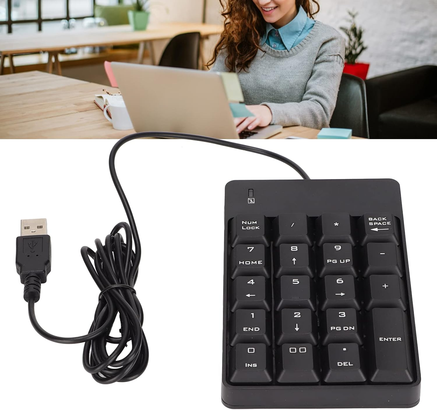 Wired Number Pad, USB Numeric Keypad 19 Key Number Keypad Financial Accounting Number Keyboard for Laptop PC Computer (Black) image number 2