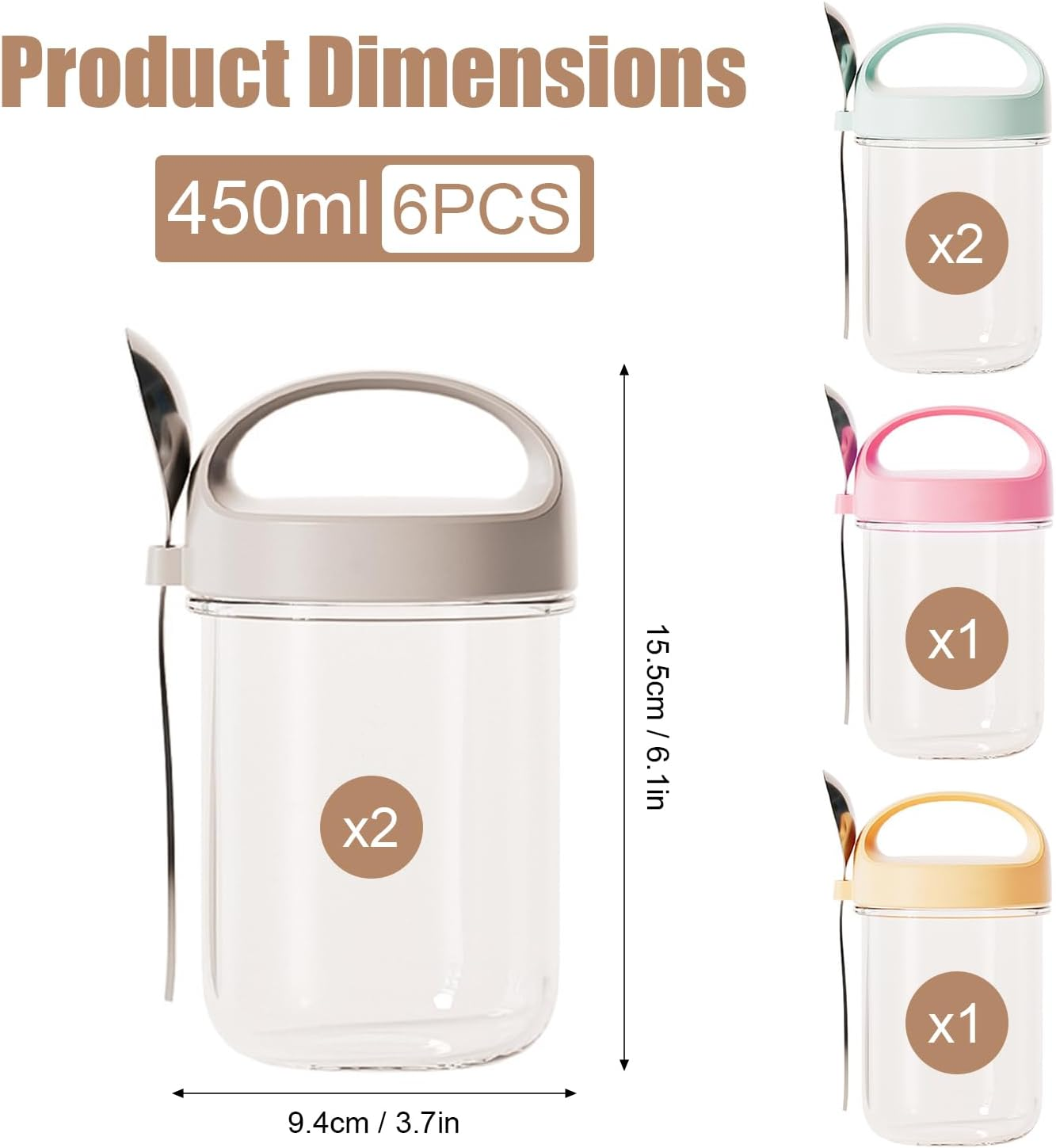 6 PCS 15OZ Overnight Oats Containers Jars with Lids and Spoons, Oatmeal Containers with Handle, Wide Mouth Glass Mason Overnight Oats Jars for Cereal Fruit Vegetable Milk Salad Yogur image number 1