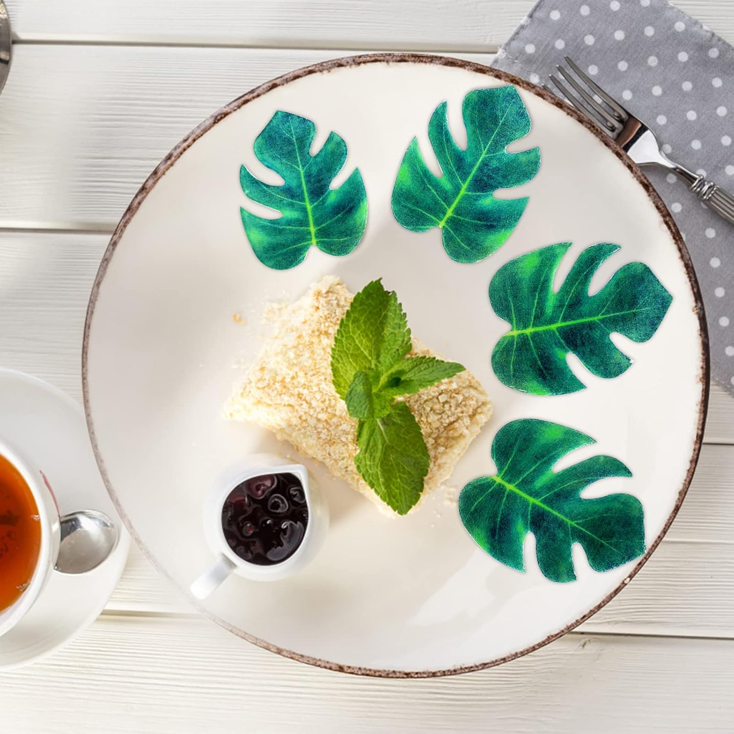 48Pcs Cupcake Toppers Edible Artificial Tropical Monstera Leaves Tropical Palm Leaves Cake Topper Cake Monstera Leaf Decoration for Hawaiian Jungle Summer Tropical Wedding Birthday Cake image number 1