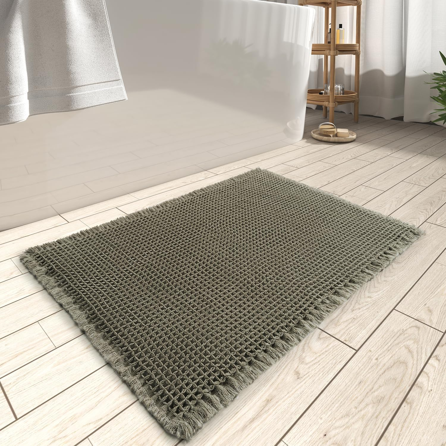 Rvolst Bath Mat Rug for Bathroom Waffle Woven Bathroom Mat Super Absorbent Machine Washable Non Slip Farmhouse Boho Bathroom Rug 46X77Cm Brown