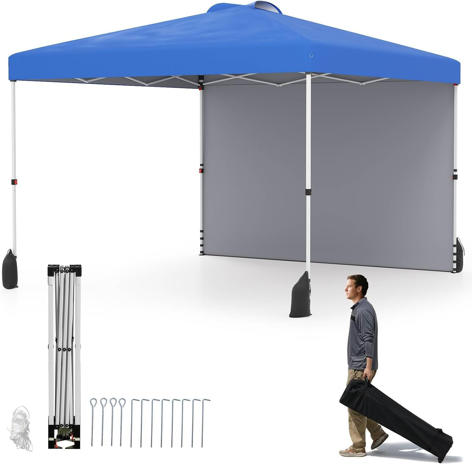 Costway 3 X 3 M Pop up Canopy Tent W/ 1 Sidewall, Wheeled Bag, 8 Stakes, 4 Anchors, 4 Wind Ropes, 4 Sandbags, Vented Top, Portable Foldable Outdoor Patio Shelter (Blue)