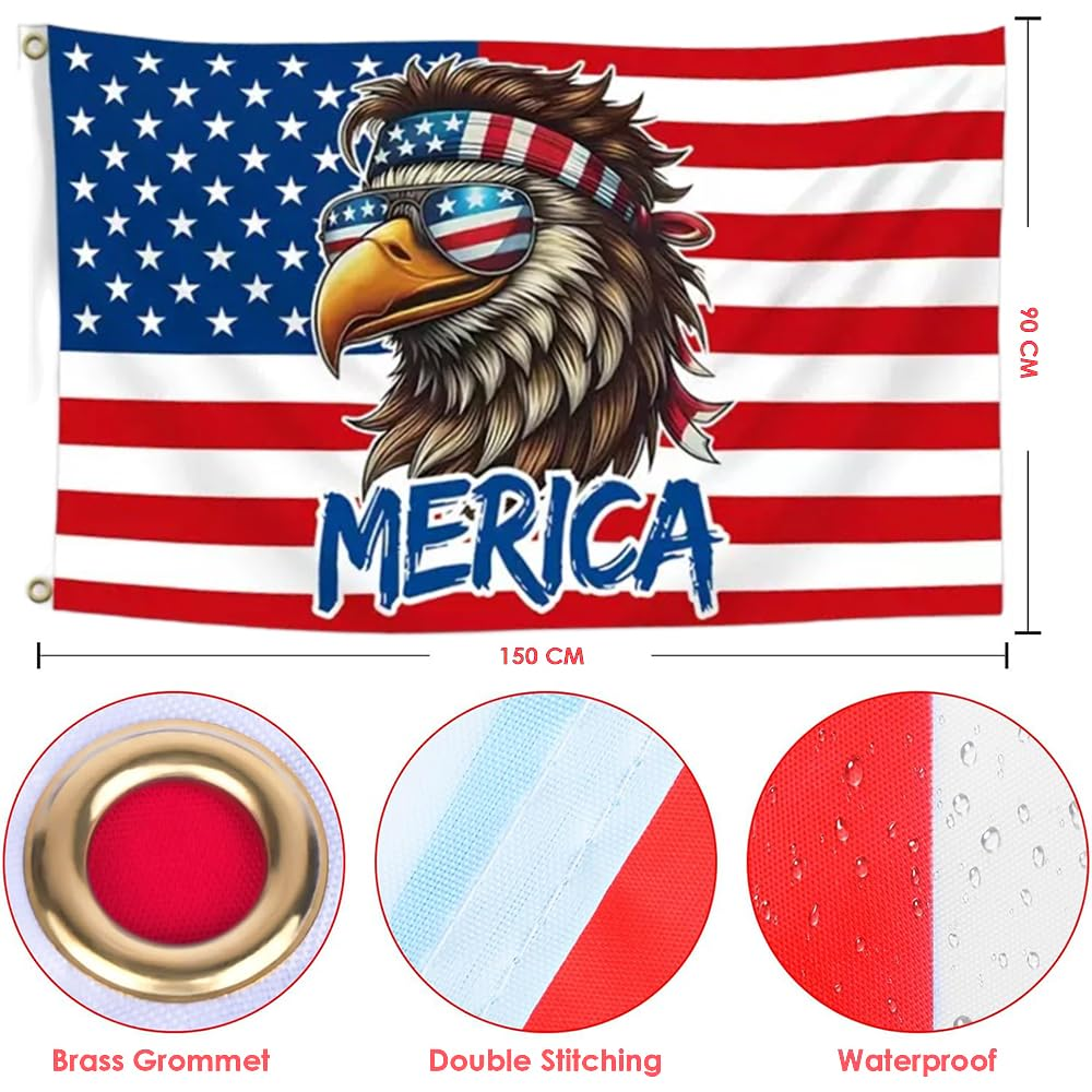 Funny America Flag 90 * 150 Cm(3 * 5Ft),Bald Eagle Merica Flag,Polyester Thickness, Fade Resistant, Brass Grommets, Canvas Header, Indoor/Outdoor, Vibrant Colors,Not Fear of Rain and Snow