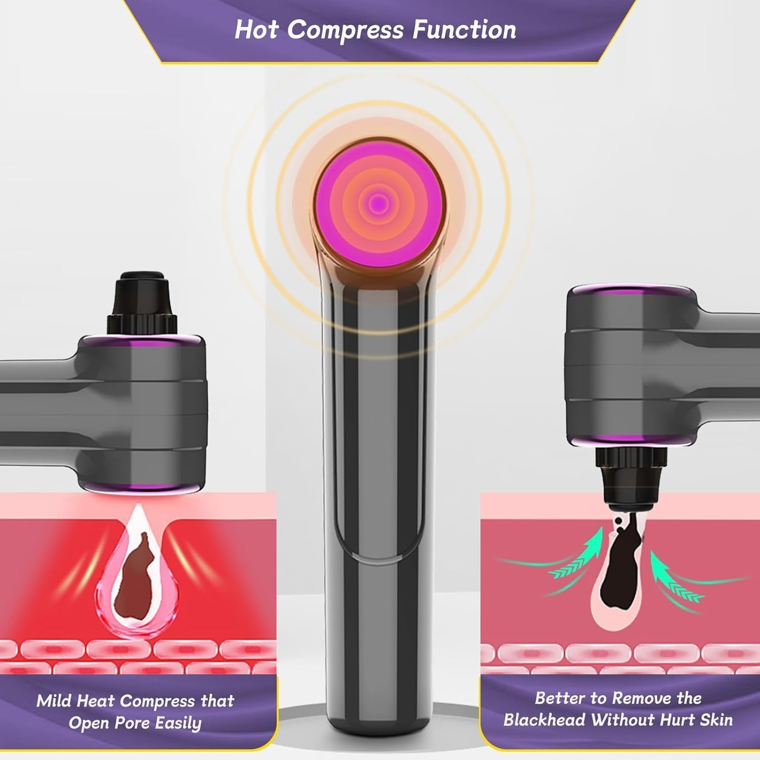 Blackhead Remover Vacuum, 2 in 1 Facial Pore Cleaner Electric, Vacuum Pore Cleansing Tool with Heating Mode, Electric Whitehead Remover with 5 Heads & 3 Suction Level, Comedone Extractor Kit