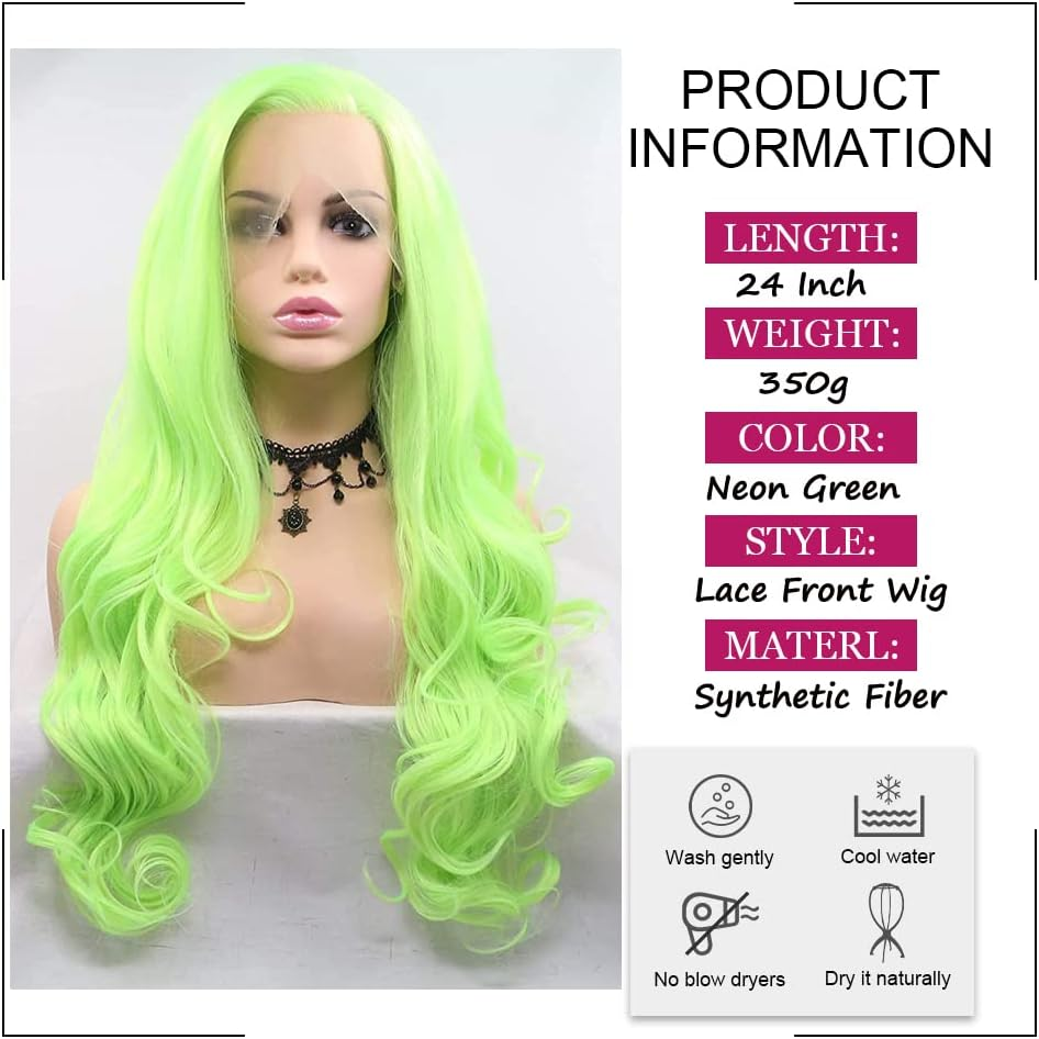 Afbeauty Neon Green Synthetic Lace Front Wig Long Body Wavy Fluorescent Green Side Part Wig Heat Resistant Fibre Soft Wigs for Women Cosplay image number 6