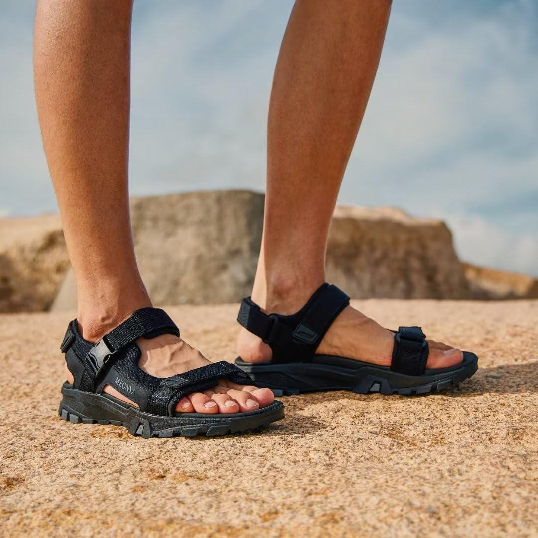 MEGNYA Mens Comfortable Walking Sandals, Soft Sports Hiking Sandals with Three Adjustable Hook and Loop Straps, Casual Beach Athletic Sandals for Outdoor Active Camping