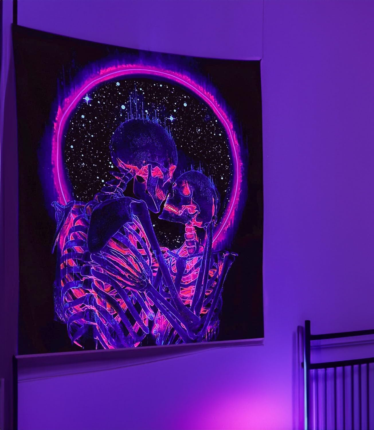 Manicer Blacklight Skull Tapestry, the Kissing Lovers Tapestry UV Reactive Trippy Neon Tapestries Glow in the Dark Party Backdrop, Skeleton Wall Art for Bedroom Living Room &ndash; 51.2&rdquo; X 59.1&rdquo; image number 6