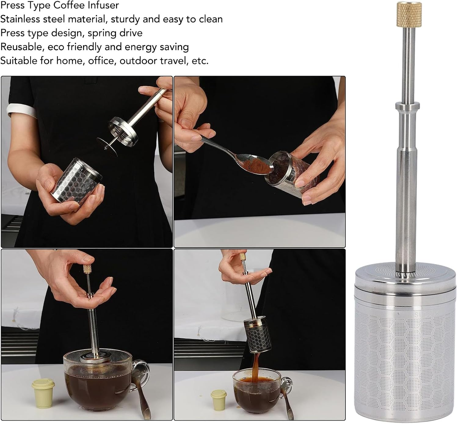 Coffee and Tea Maker, Stainless Steel Reusable Press Metal Tea Strainer Full Extraction Convenient and Efficient Coffe Maker for Home, Office, Outdoor Travel image number 6