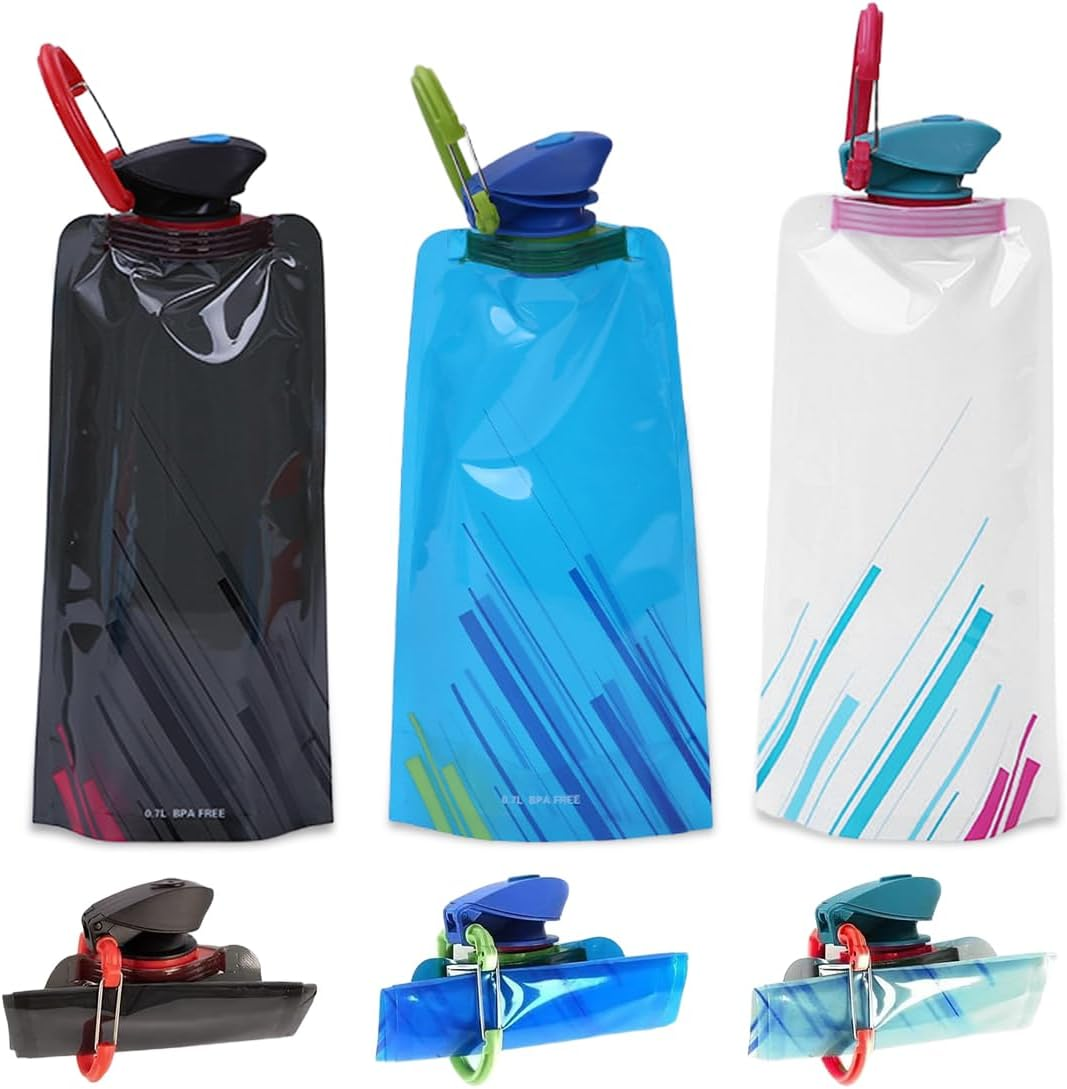 KIRZAX Pack of 3 Foldable Drinking Bottles, Foldable Drinking Bottles, Festival 700 Ml, Reusable Drinking Bottle, Foldable for Hiking, Travel, Adventure, White + Blue + Black image number 4