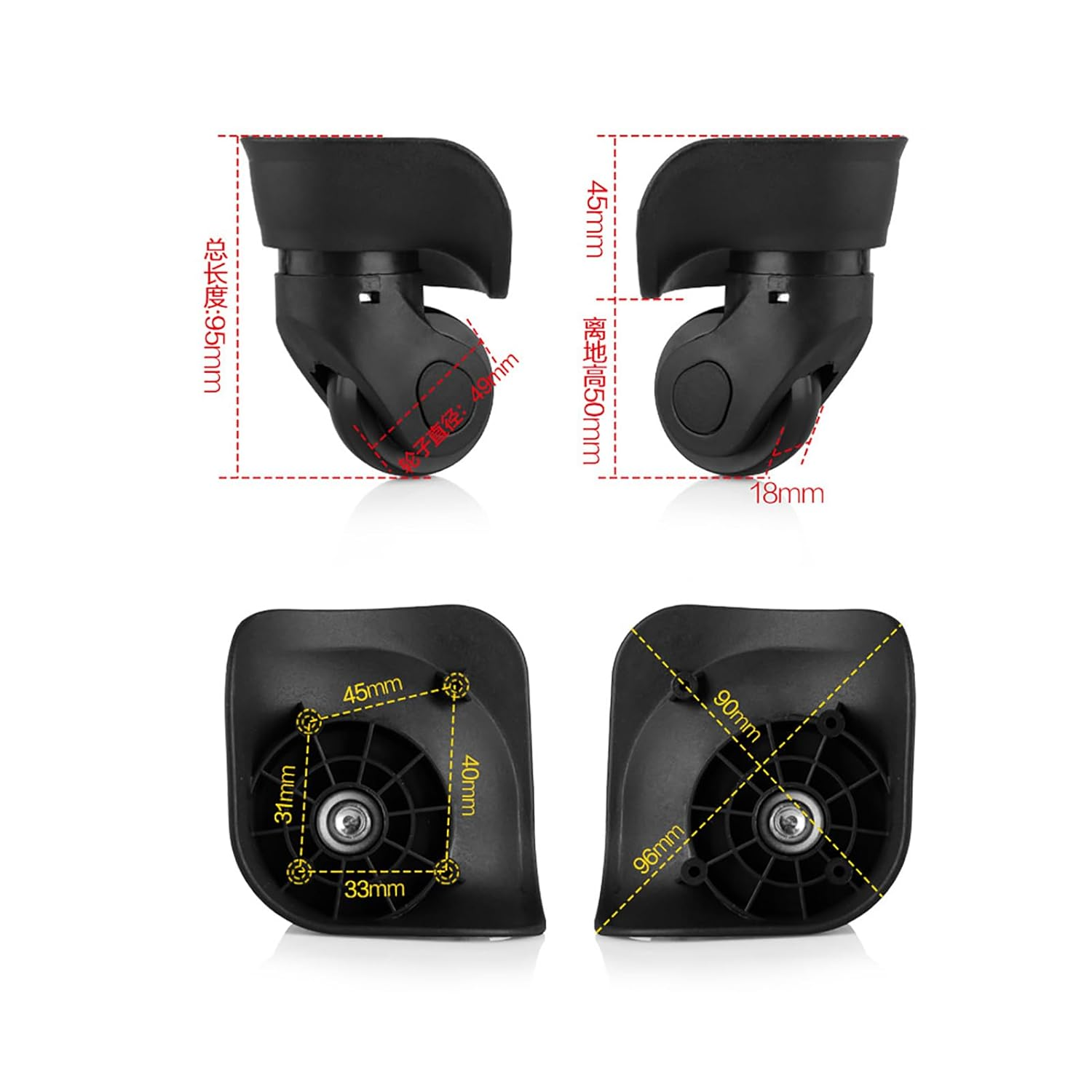 MUNEFE 2Pcs Black Luggage Wheels, PVC Luggage Wheels, Swivel Luggage Wheels for Luggage Cart Box Maintenance image number 5