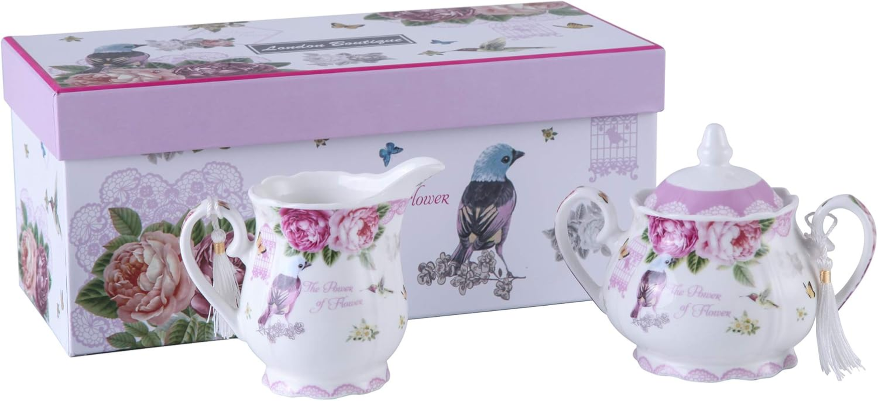 London Boutique Porcelain Teapot Sugar Bowl and Cream Milk Jug Shabby Chic Vintage Floral in Gift Box 40Oz (Teapot Rose Pink)