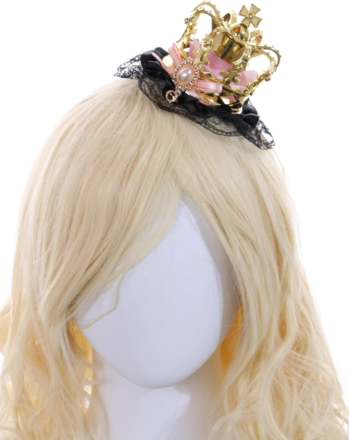 C-107-1 Gold Crown Pink Rose Bow Black Lace Ruffle Gothic Lolita Party Celebration Hair Accessory Clip, Einheitsgr&ouml;&szlig;e, Polyester Plastic image number 4