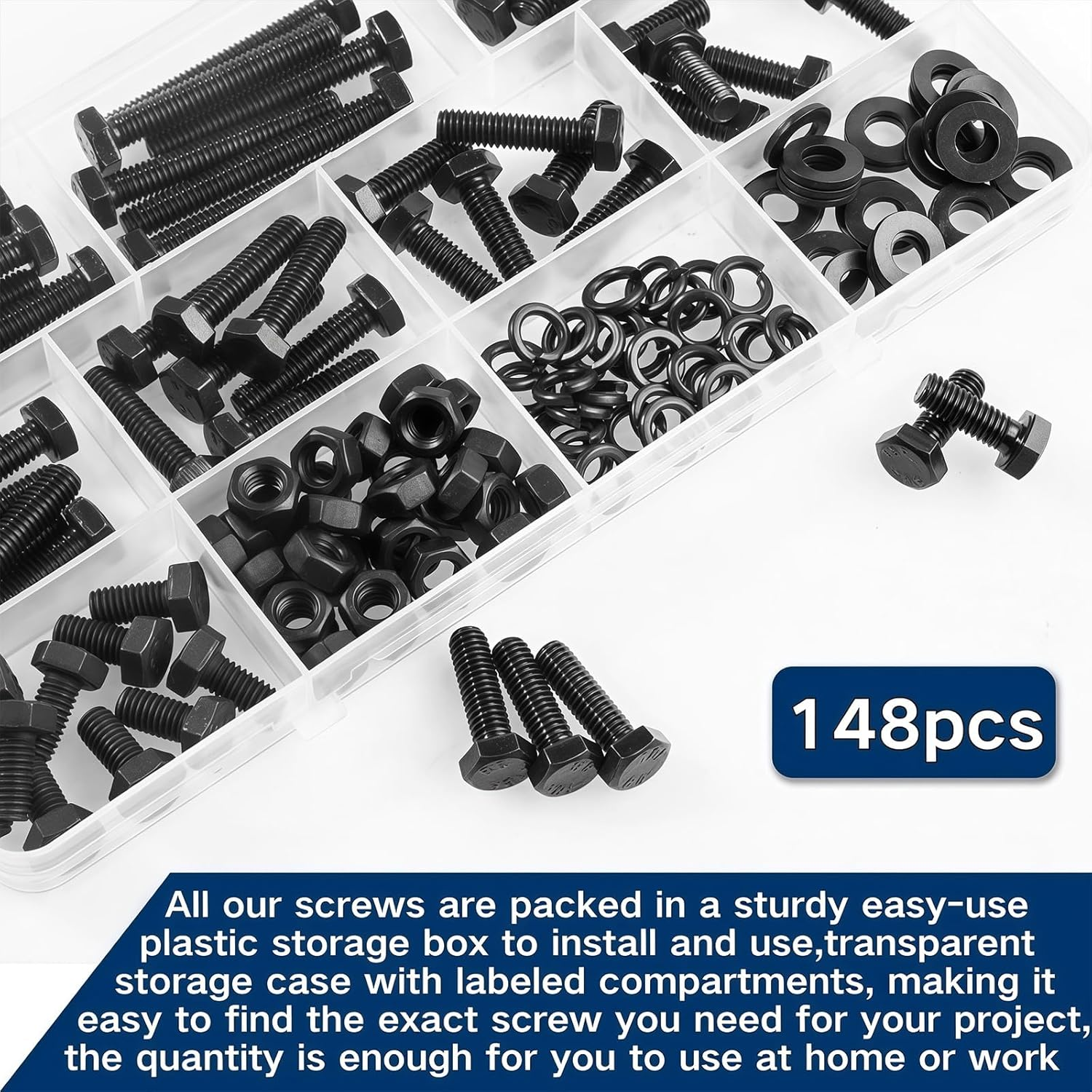 Zmbroll M6 Hex Bolts and Nuts Kit 148Pcs External Hex Head Cap Metric Machine Screws M5X12/16/20/25/30/35/40/45Mm 8.8 Grade Alloy Steel Black Screws Heavy Duty Hex Fasteners for Machinery image number 5