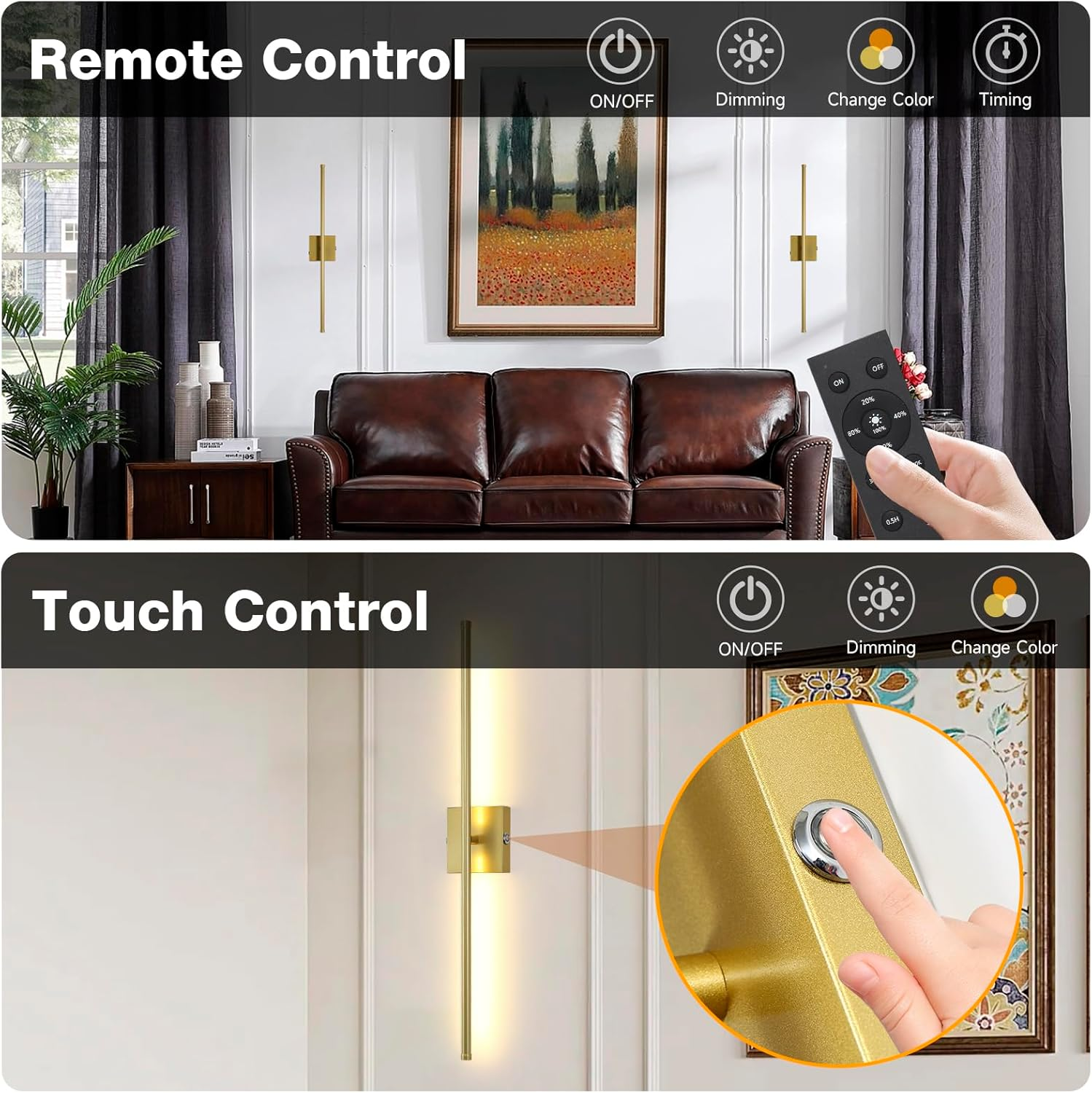 TPSHPTS Battery Operated Wall Sconces Set of 2, LED Rechargeable Wall Lights with Remote Control, 3 Colors Dimmable, 350&deg; Rotate, Gold Wireless Wall Lamp for Living Room, Bedroom, 28.3 Inch image number 5