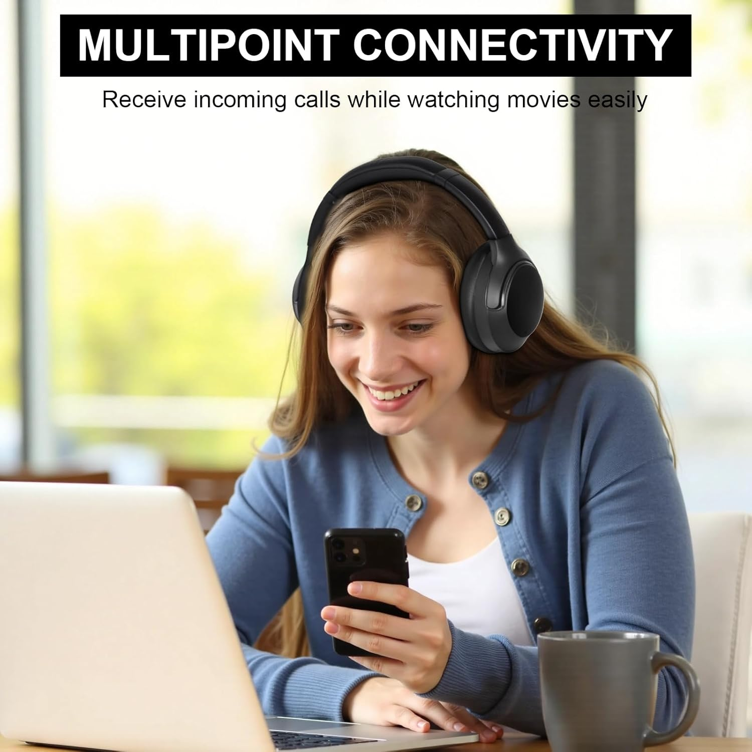 Noise Cancelling Headphones, 65H Bluetooth Headphones Custom EQ via App Headphones Wireless with Mic, Bluetooth 6.0 Detachable Cat Ears Foldable Headsets for Commuting Travel Work Home (Black)