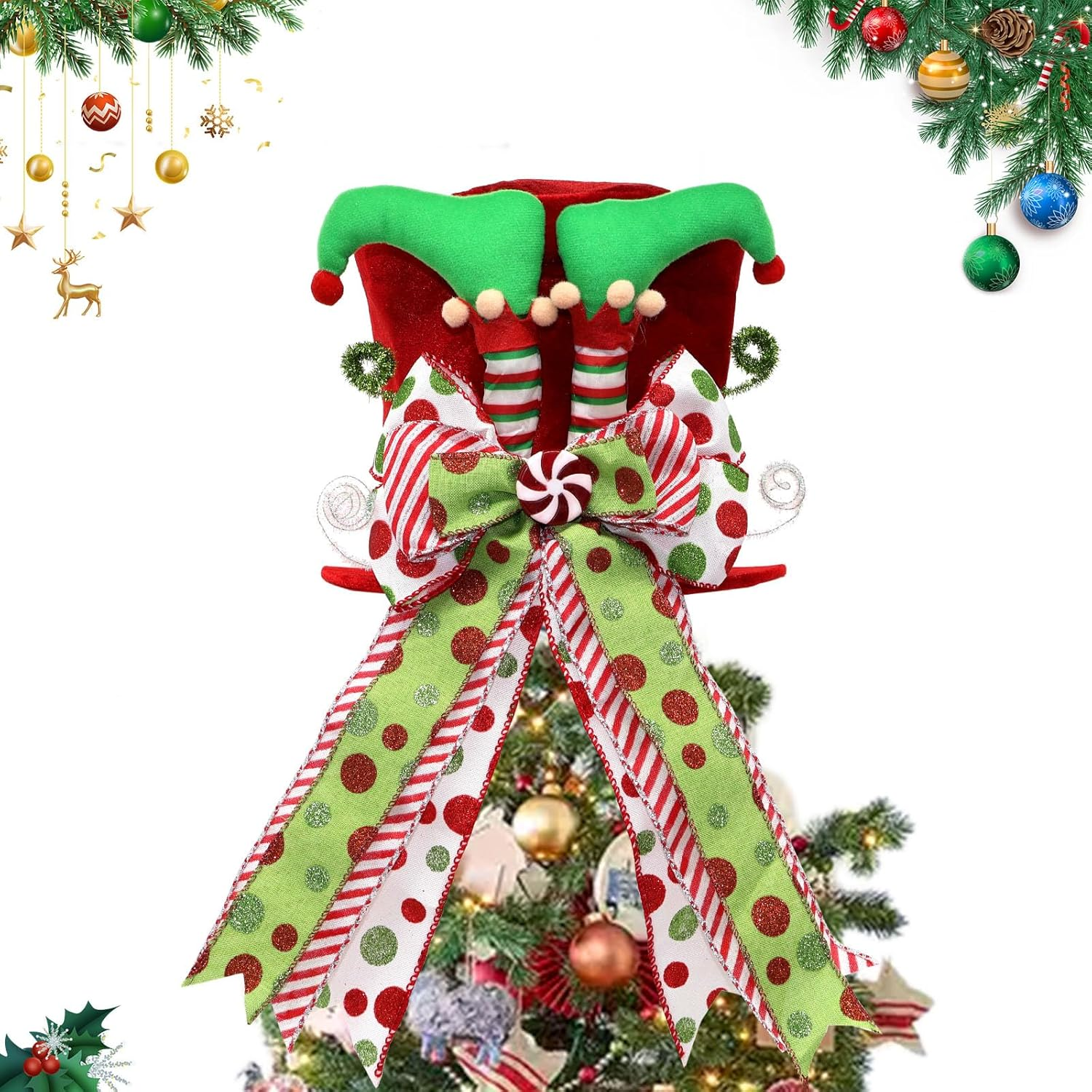 Christmas Tree Topper Hat with Bow, Red Velvet Top Hat Ornament with Elf Legs and Red & Green Polka Dot Bow, Winter Holidays Xmas Decor for Home Decoration image number 4