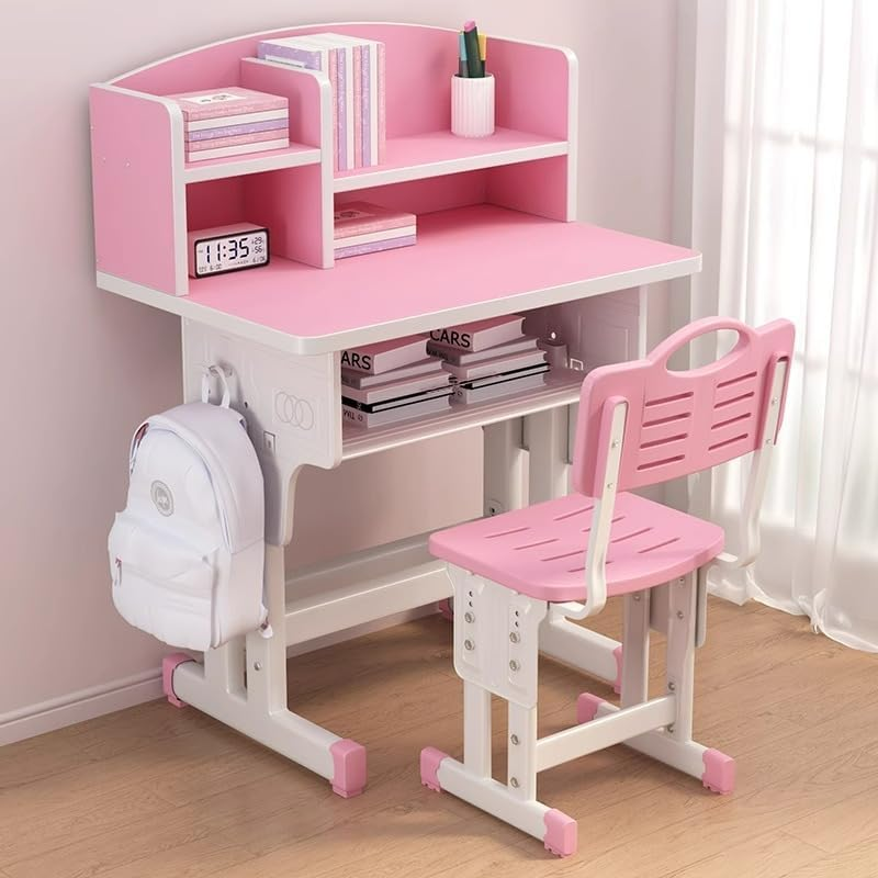 Kids' Study Desk Chair Sets, Adjustable Height, Ergonomic Design, with Large Storage Drawer and Bookshelf, Grey, for Bedroom