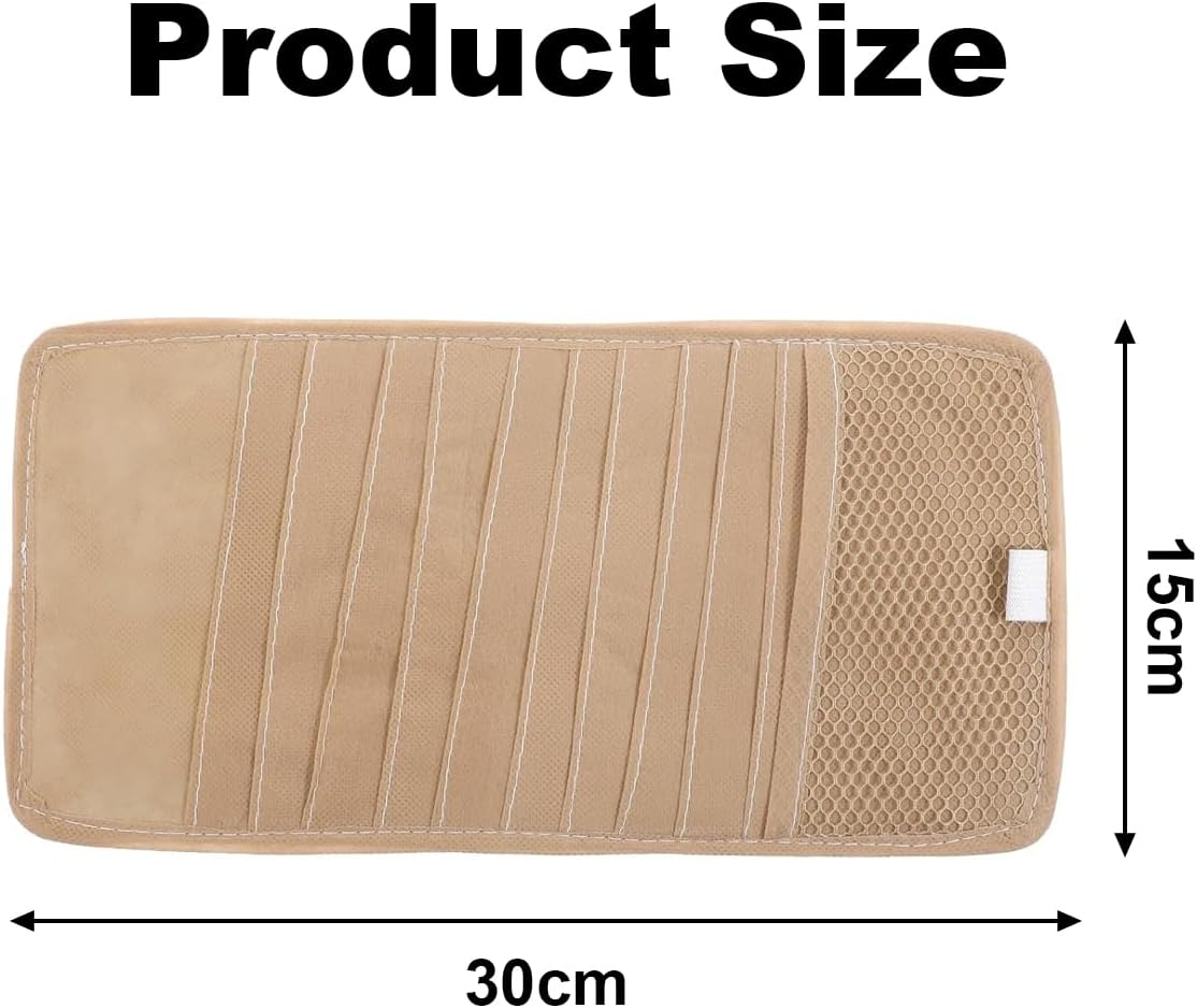 Car CD Holder Storage Case,Cd Case Holder for Car,Khaki Large Capacity CD Visor Case,Car Truck SUV Visor Organizer with 10 DVD Storage Sleeves 1 Mesh Pocket 1 Pen Holder Elastic Strap