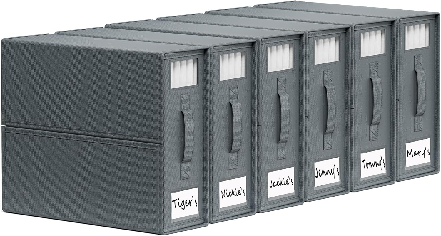 Sheetcube Bed Sheet Organizers and Storage 6 Pack, Foldable Linen Closet Organizer with Window and Label, Bedding Folder Storage Box Container for Blanket, Duvet Cover Set, Bed Sheet Set - Grey