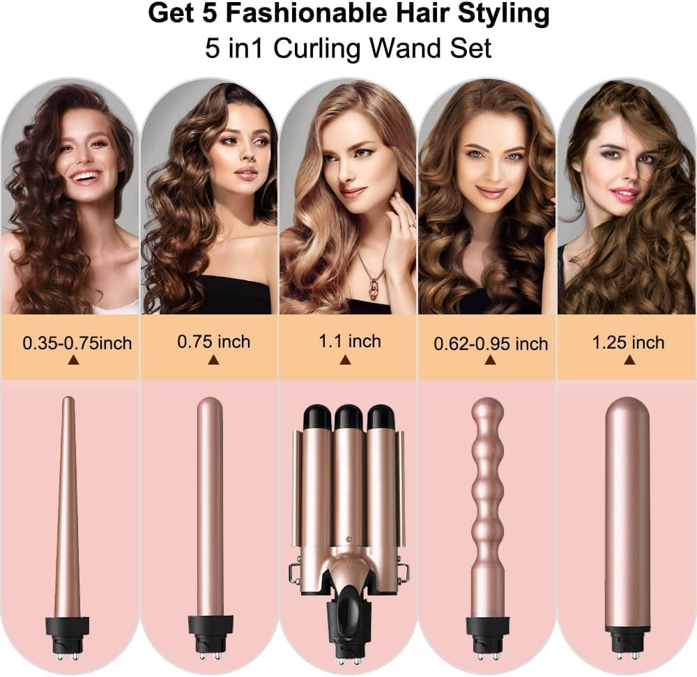 Waver Curling Iron Wand, 5 in 1 Curling Wand Set with LCD Digital Display & Temp Control, 3 Barrel and 4 Interchangeable Ceramic Hair Wand Hair Curler for All Hair Types, Glove & 2 Clips (Brown) - Brown image number 4