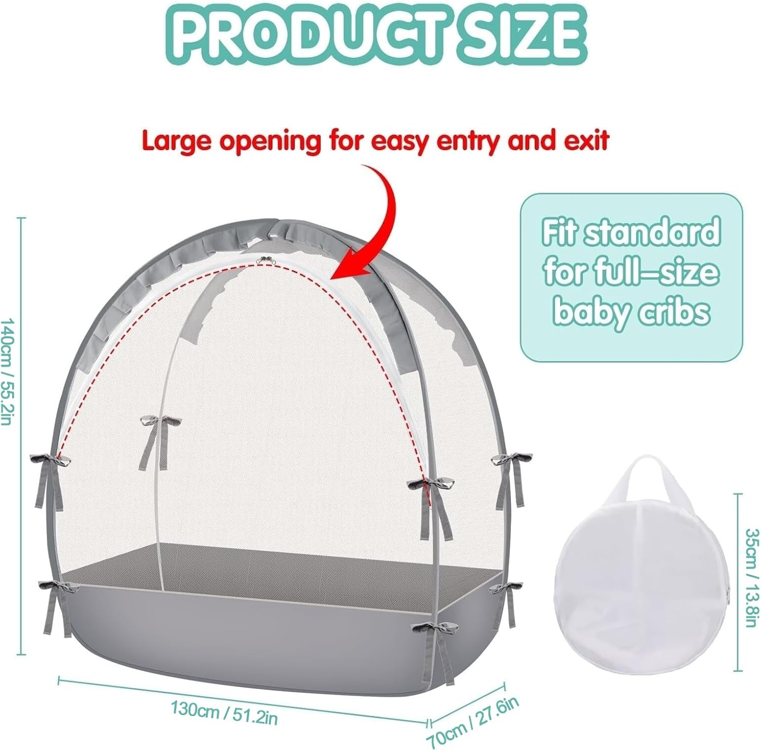 Safety Pop up Crib Tent, Fine Mesh Netting Cover to Keep Baby from Climbing Out, Falls and Mosquito Bites, Safety Net, Canopy Netting Cover - Sturdy & Stylish Infant Crib Topper, Baby Bed Tent(Grey La image number 3
