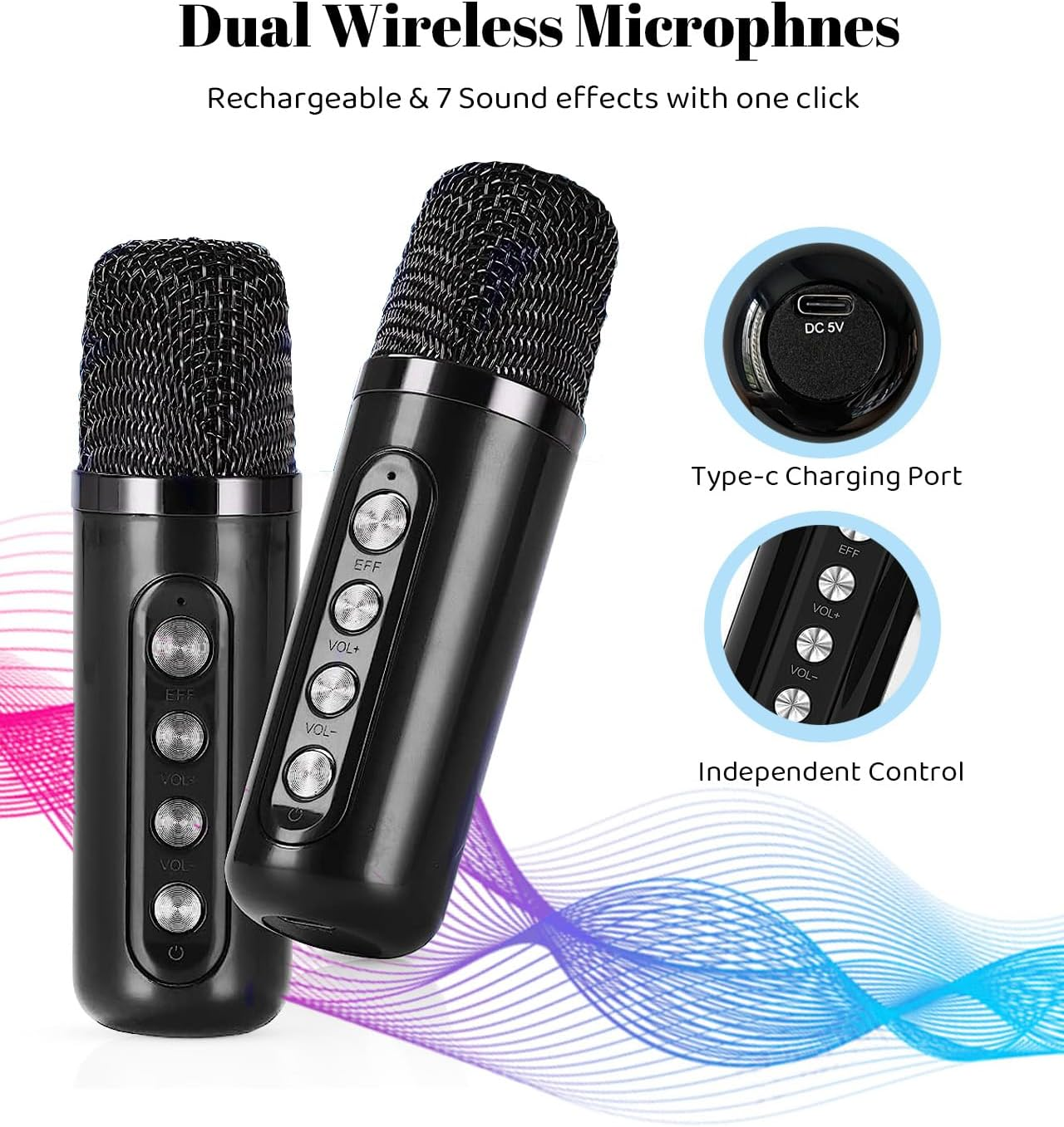 Karaoke Machine for Adults and Kids with 2 UHF Wireless Microphones,Portable Bluetooth Speaker PA Speaker System with LED Party Lights for Home Party, Picnic,Car,Outdoor/Indoor/Birthday Gifts