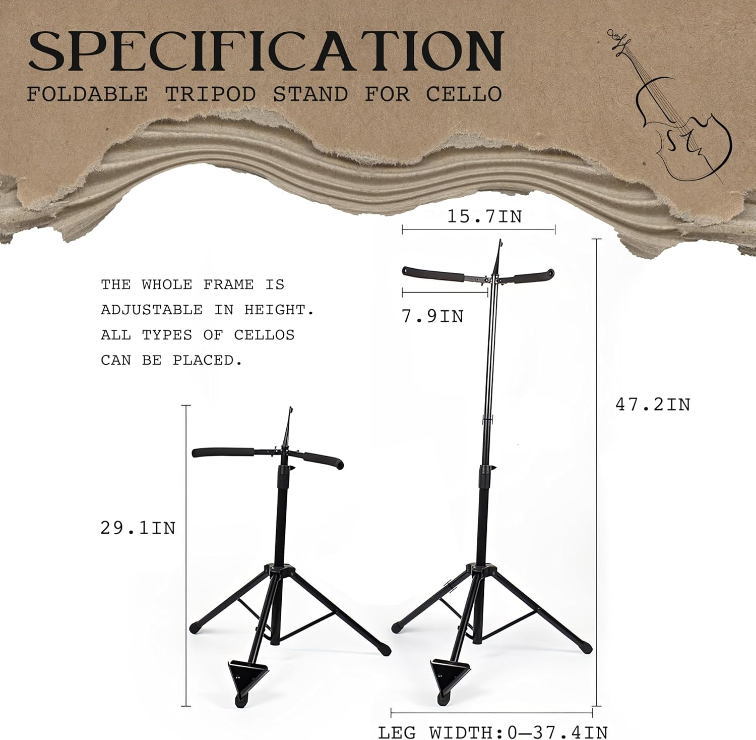 WHELPAW Adjustable Cello Stand with Bow Holder - Secure & Sturdy Support for All Cello Sizes - Easy Fold Design - Premium Materials & Non-Slip Feet image number 6
