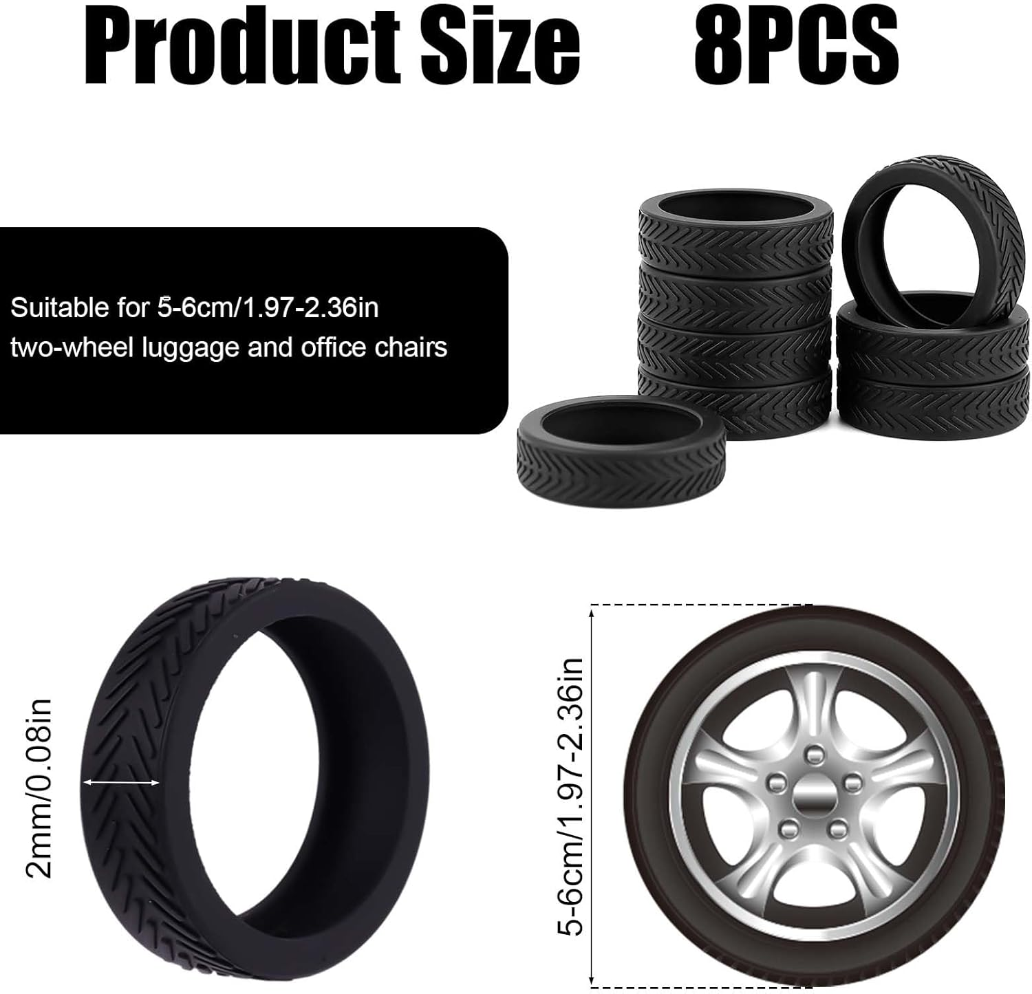 NQEUEPN 8Pcs Luggage Wheel Covers, Silicone Luggage Wheel Protector Spinner Suitcase Wheel Covers Black Anti-Noise Anti-Wear Luggage Caster Accessories for Most 8 Caster Suitcase, Black, S image number 3