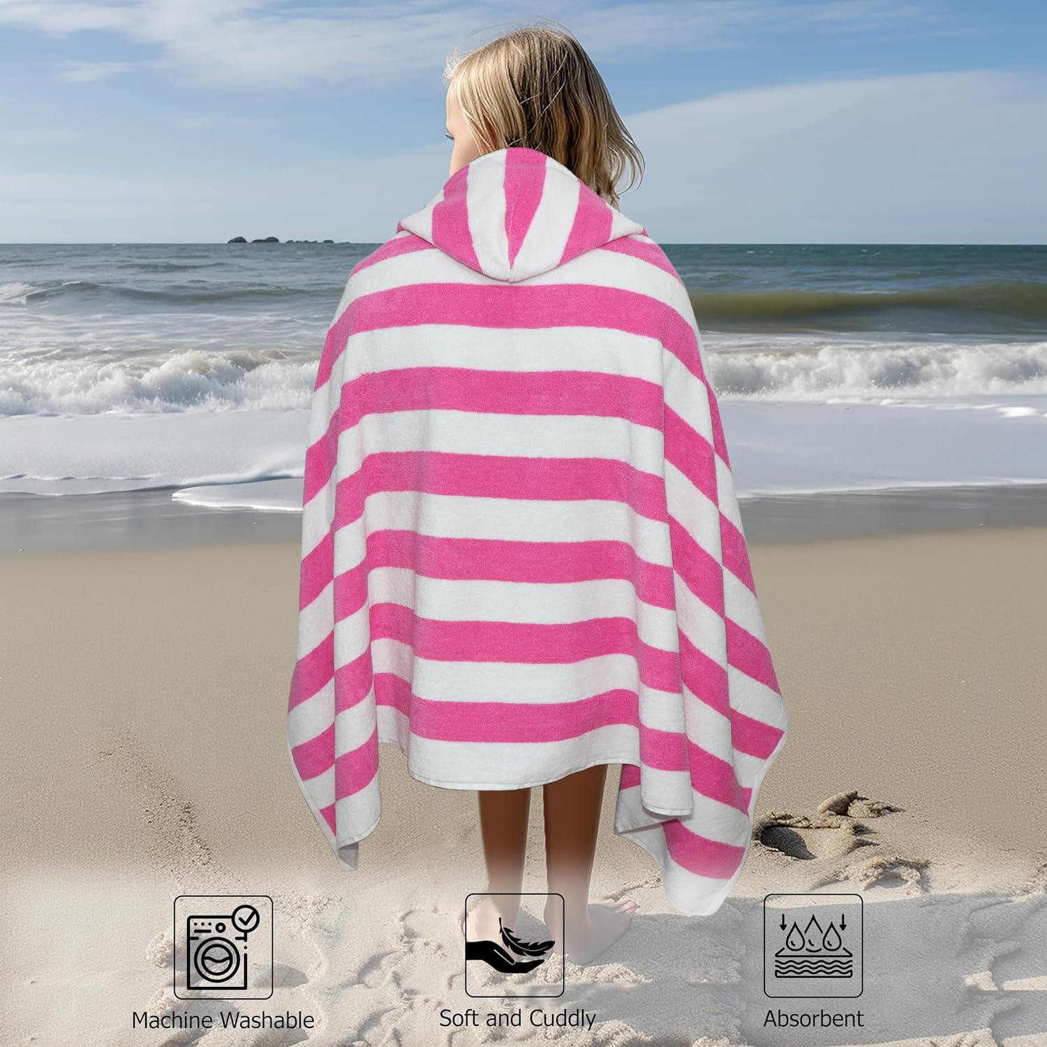 Original Kids Hooded Bath Towel Wrap - 100% Cotton Terry Large Oversized Hooded Kids Towel - Toddler Shower Pool Beach Towel - Soft Plush Absorbent Quick Dry Easy Care Gift -30X60- Cabana Stripe Pink image number 4