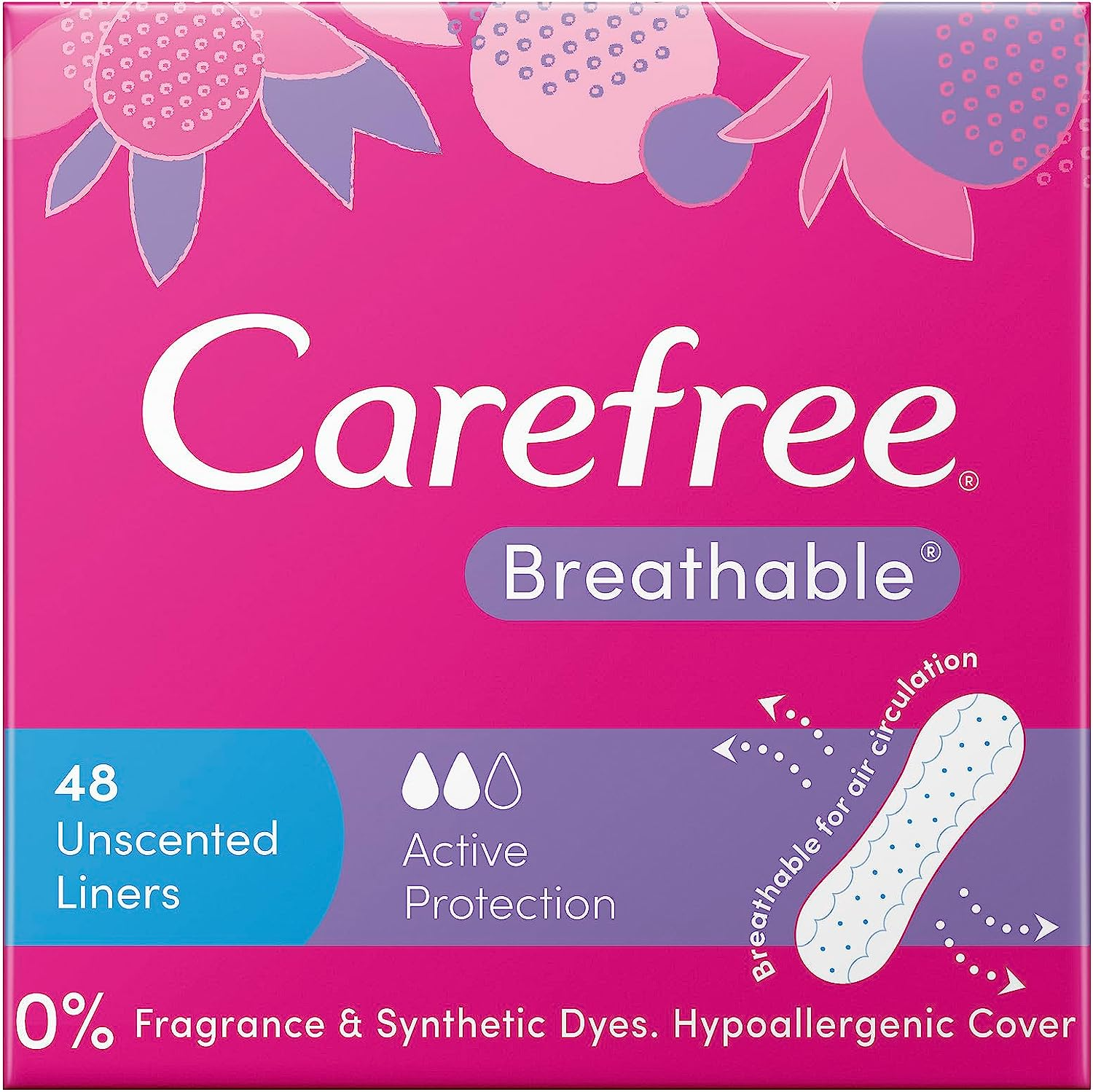 Carefree Breathable Unscented Panty Liners 96 Pack| Body-Contoured Shape| Cottony-Soft Cover| Wide Adhesive Strip| Breathable Backing