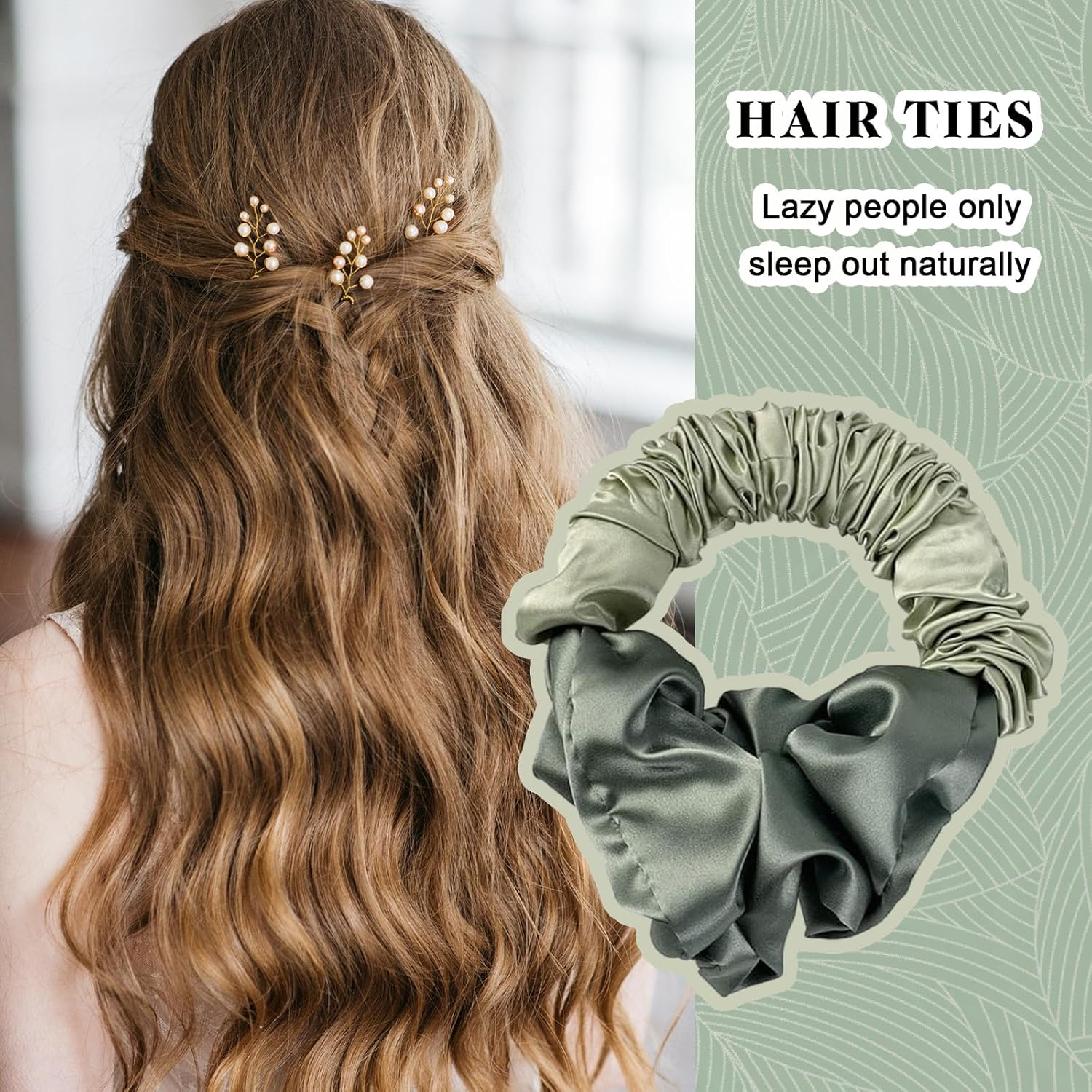 Yeomju Pack of 2 Green Heat Free Curls Silky Hair Bobbles for Women, Soft Elastic Satin Silk Hair Bobbles for Sleep, Silky Satin Hair Ties, Overnight Curls image number 3