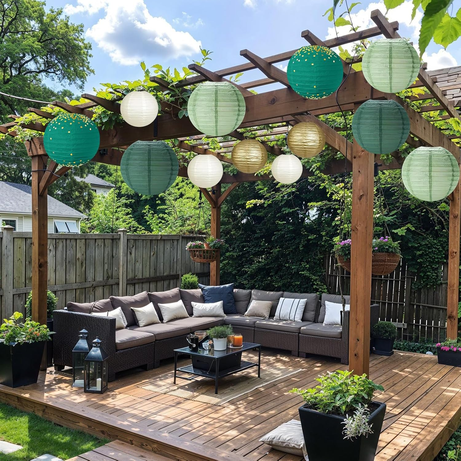 Pack of 12 Paper Lanterns, Green Gold, Sage Green Paper Lantern with 50 M Fishing Line, round Hanging Paper Lanterns, Party Decoration, Paper Lantern for Wedding, Garden Party (Diameter 20 Cm/25 Cm/30 image number 1