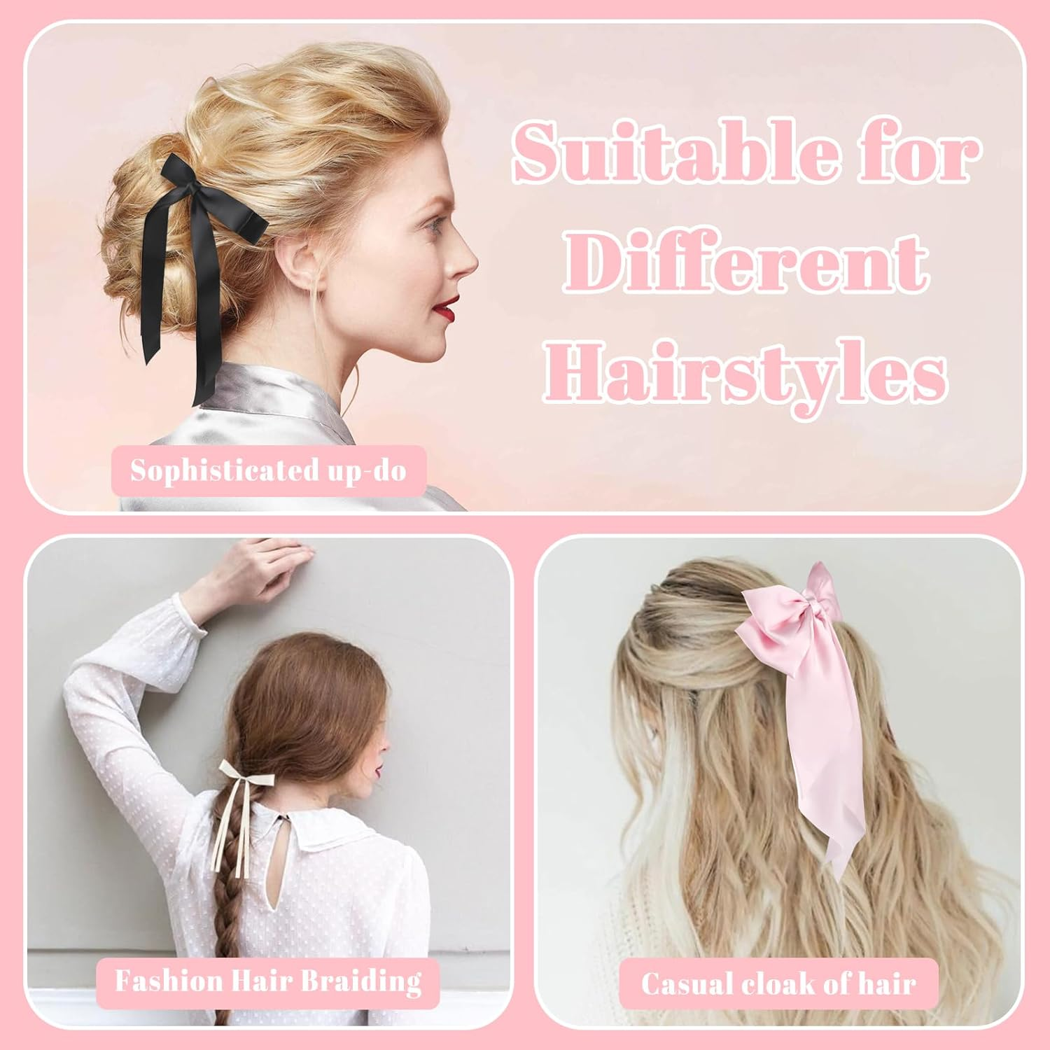 OT-NVWOZR Pack of 12 Hair Clips Bow for Women, Satin Hair Bows with Long Tail, 3 Styles Silky Bows Hair Clips Metal Girls Hair Accessories Women image number 2