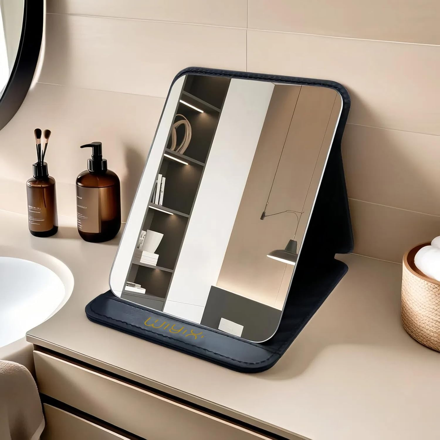 SYHITOU Foldable Travel Makeup Mirror,Adjustable Angle Portable Standing Vanity Mirror, Compact PU Leather Design for Home/Camping/Professional Use, Classic Black (8.4"X6") - Fresh Green image number 6