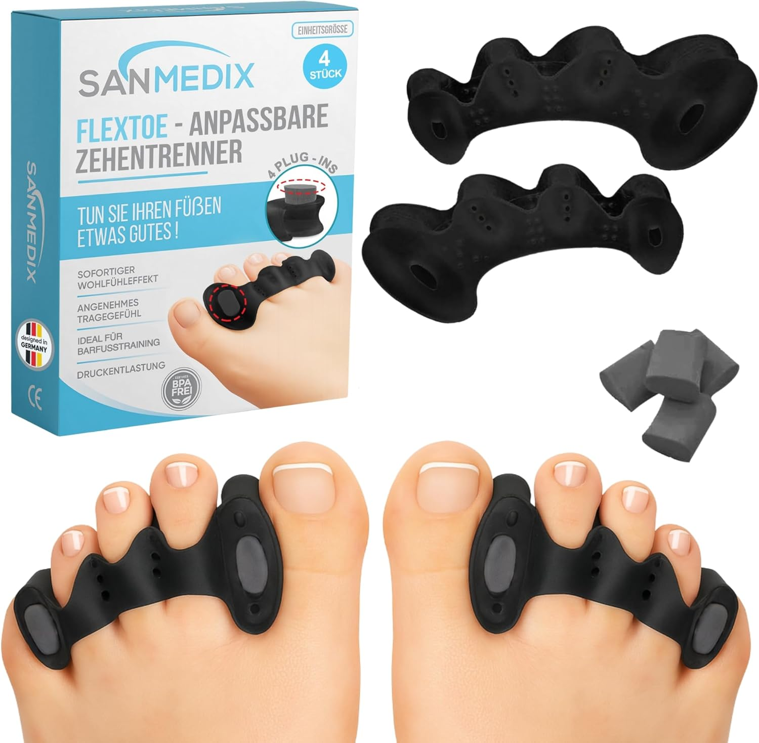 Sanmedix Toe Separators - 2 Pairs Toe Separators with Plug-In System for Hallux Valgus, Bunion & Toe Correction - Silicone Toe Spacer for Men and Women (Transparent, One Size)