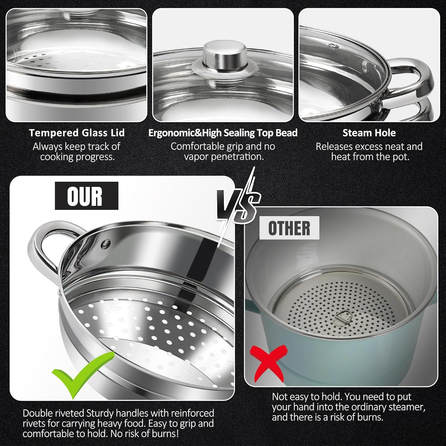 ASKSCICI 6 Quart 18/10 Stainless Steel Tri-Ply Stockpot with Tempered Glass Lid, Multipurpose Steamer Insert Compatible with All Cooktops, Non-Toxic, Oven and Dishwasher Safe, Silver Steamer Pot