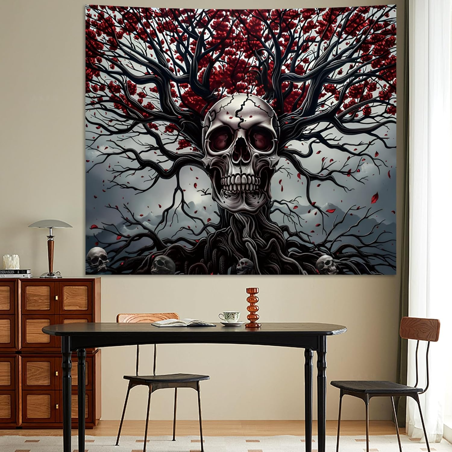 Apdidl Halloween Tree of Life Gothic Skull Tapestry for Bedroom Aesthetic, Black and White Goth Skeleton Tapestries, Dark Horror Ghost Rider Wall Decor Poster for Men Living Room Dorm (51"X60") image number 2