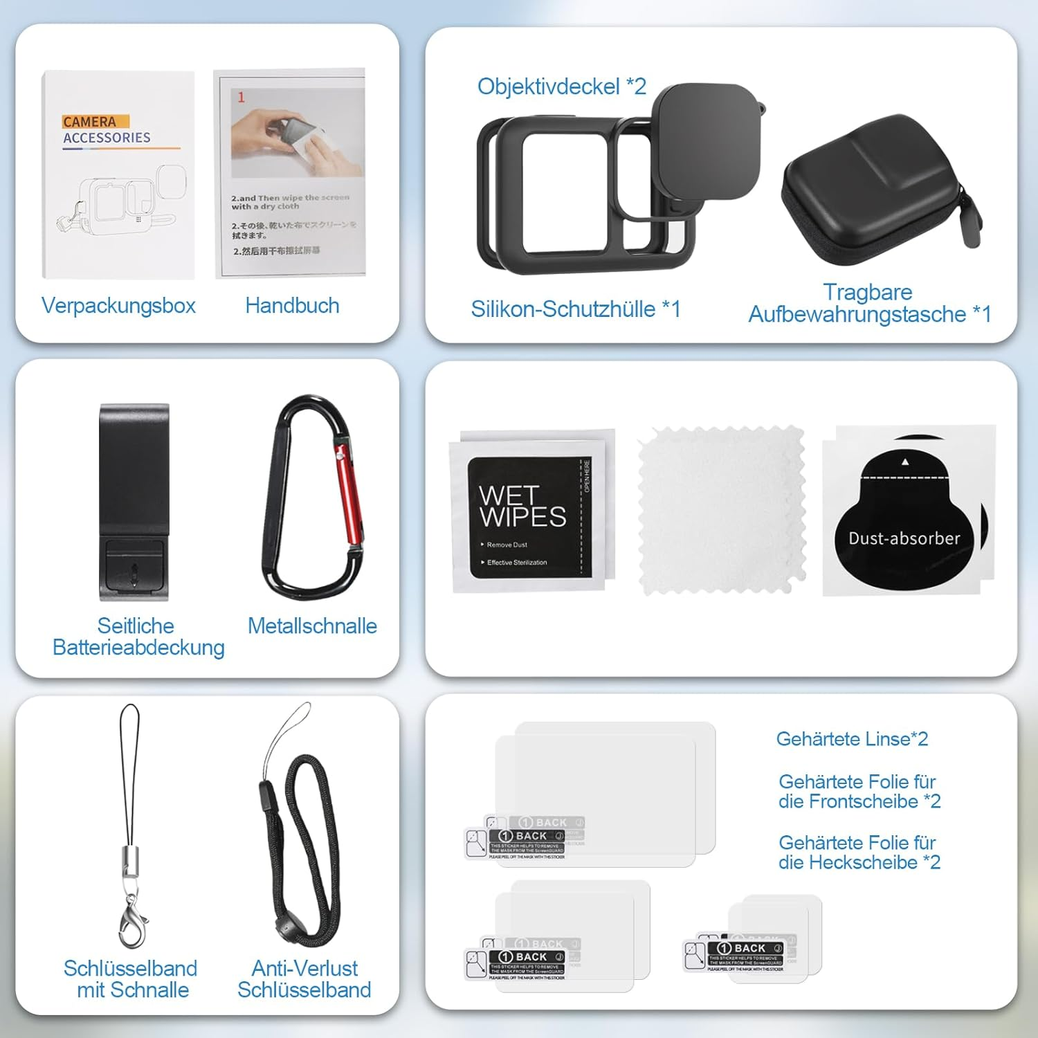 Gopro Hero13 Silicone Protective Case, Camera Case & Screen and Lens Hardened Film & Lens Cap & Lens and Screen Cleaning Set & Hand Rope, Gopro Hero13 Black Accessory Package image number 3