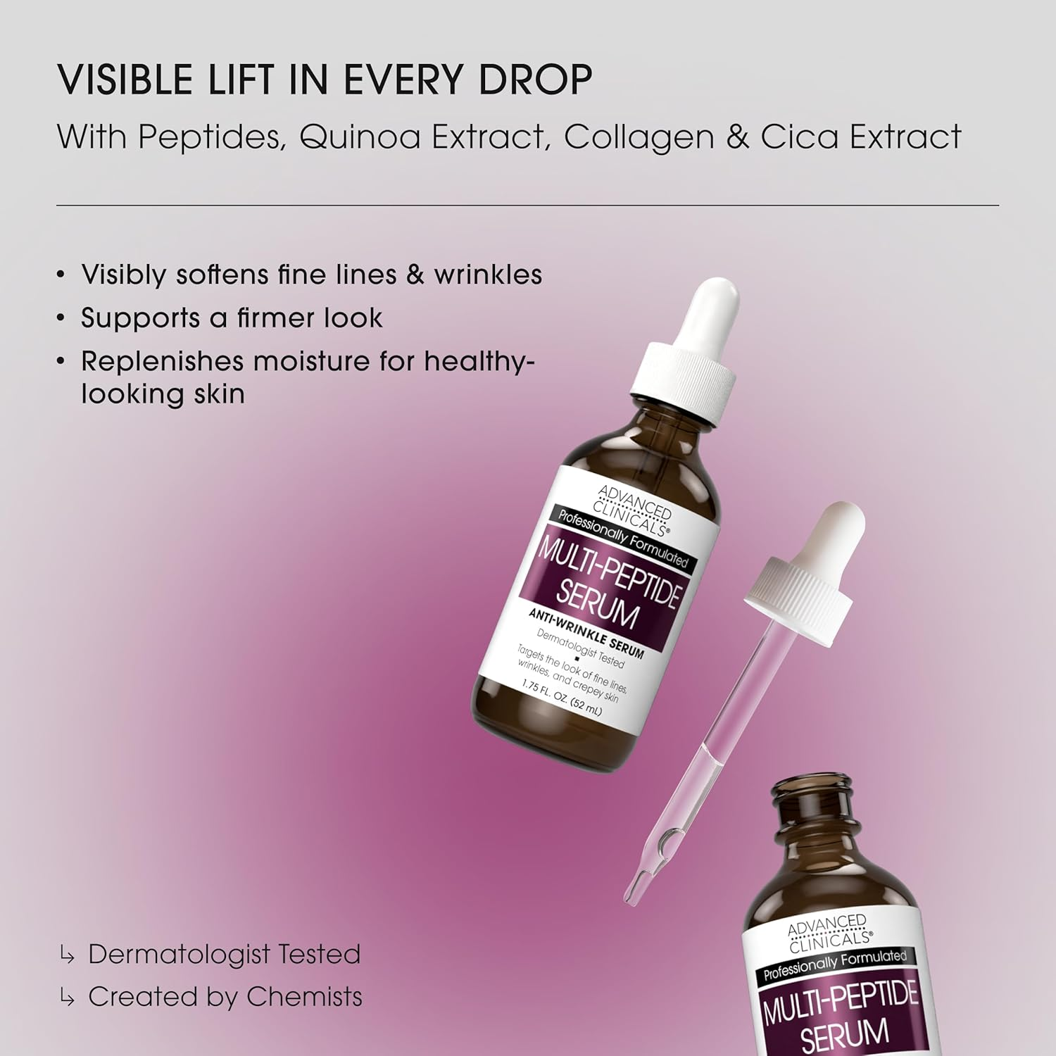 Advanced Clinicals Multi Peptides Serum for Face | Visible anti Aging Hydrating Collagen Peptide Facial Serum with Vitamin E Helps Improve Look of Wrinkles, Puffiness, & Uneven Skin Tone, 1.75 Fl Oz - Puffy Eye Correcting Serum image number 5