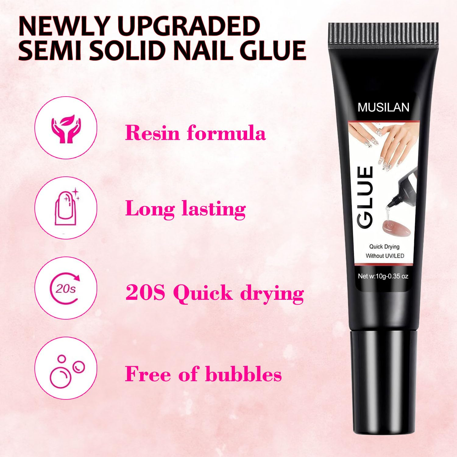 MUSILAN 2PCS Semi Solid Nail Glue, New Super Strong Solid Nail Glue for Acrylic Nails Press Ons Nails Quick Drying No UV Light Long Lasting for Acrylic Fake Nail Tips Chip-Resistant & Longwear Formula image number 2