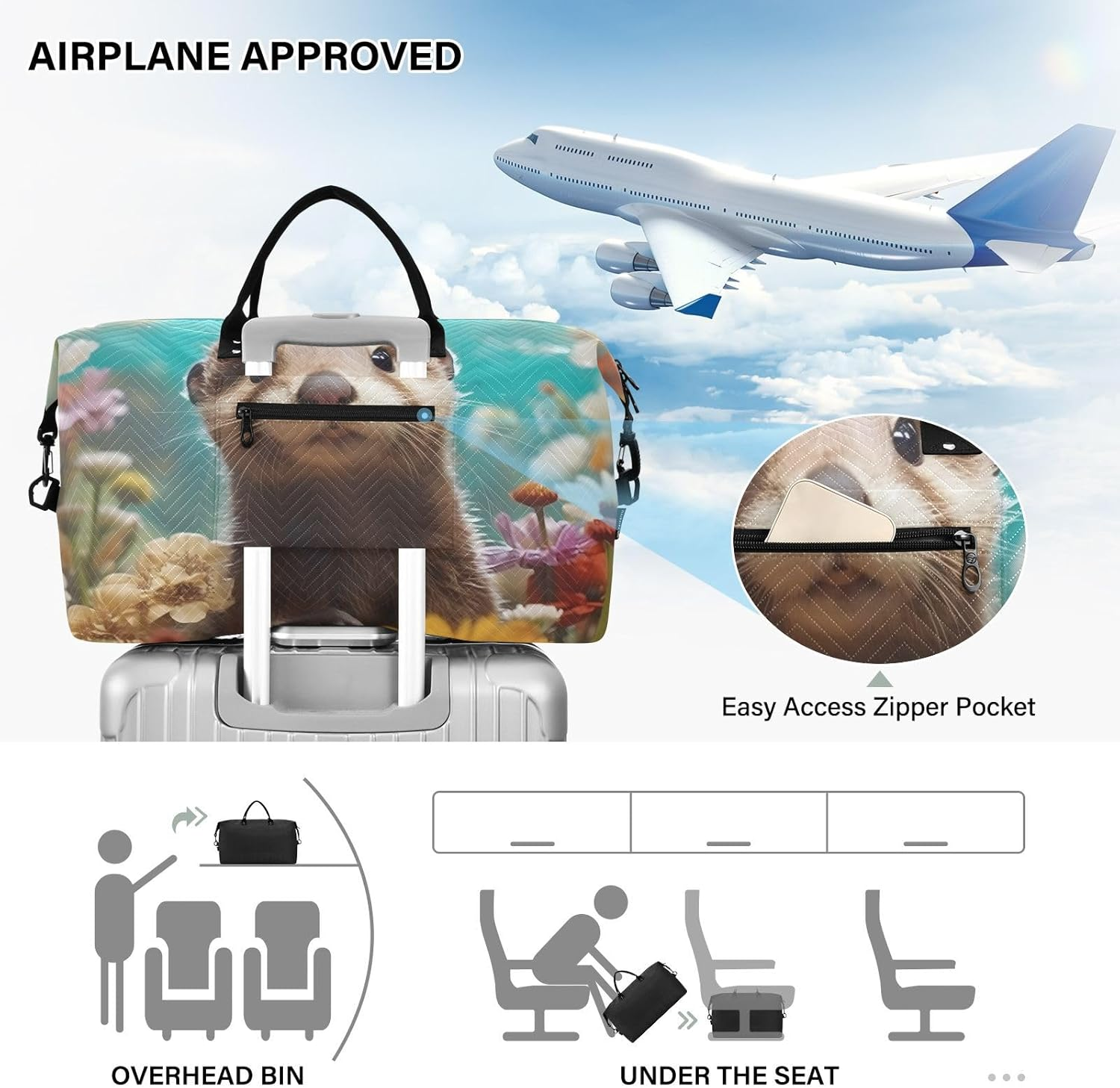 WOIWB Duffel Bag Set with Toiletry Bag for Travel Gym Sport, Luggage Sleeve Weekender Bag Carry on Overnight Bag-Watercolor Painting Otter Print, Multicolor, 20.5 X 7.9 X 13.8 Inches+9.1 X 3.5 X 5.9 image number 6