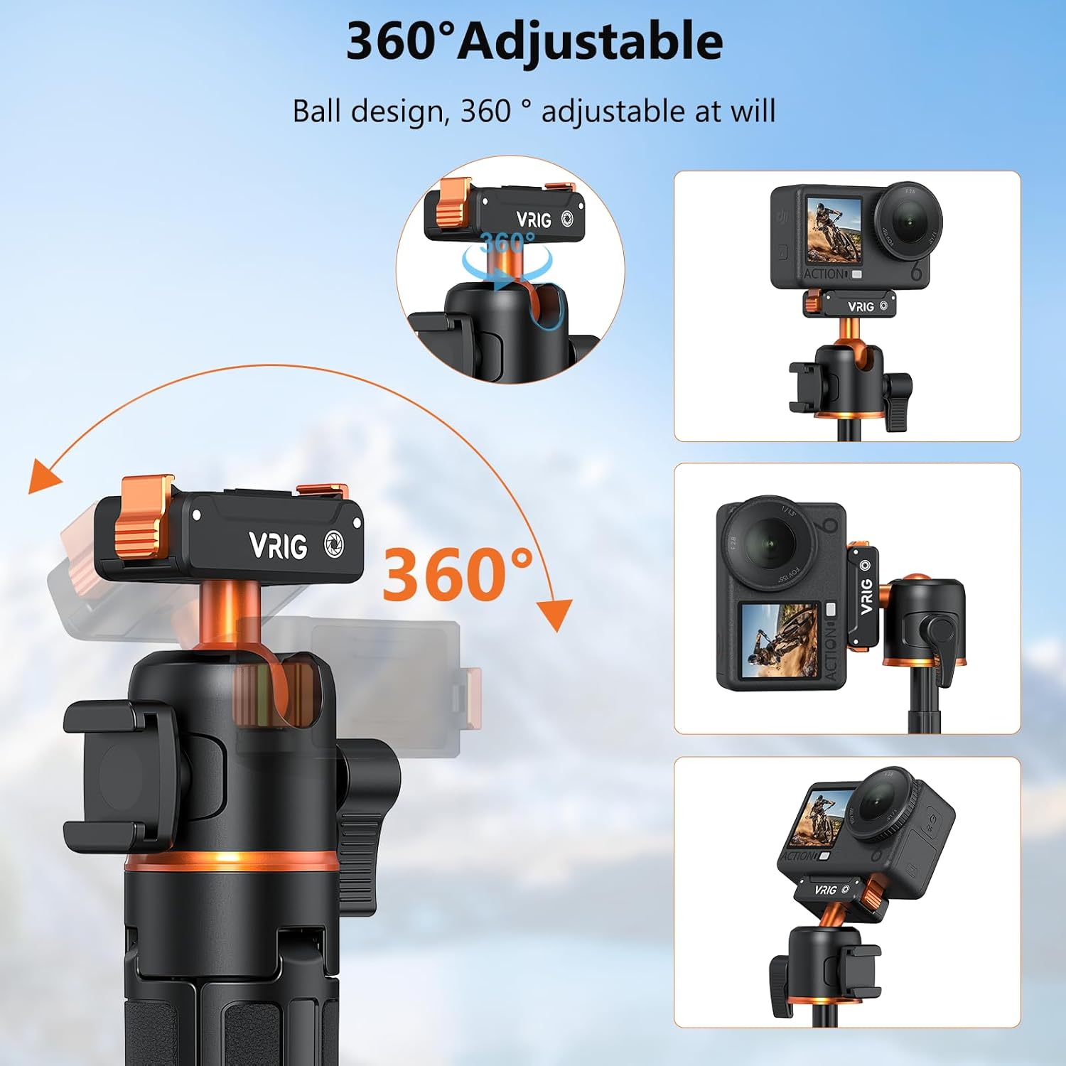VRIG Action Camera Selfie Stick Tripod for DJI Osmo Nano/Action 6, Dual-Direction Magnetic Quick Release Adapter 360&deg; Ball Head & Cold Shoe Mount, 8 to 21 Inches Extendable Rod, AC-40N image number 5