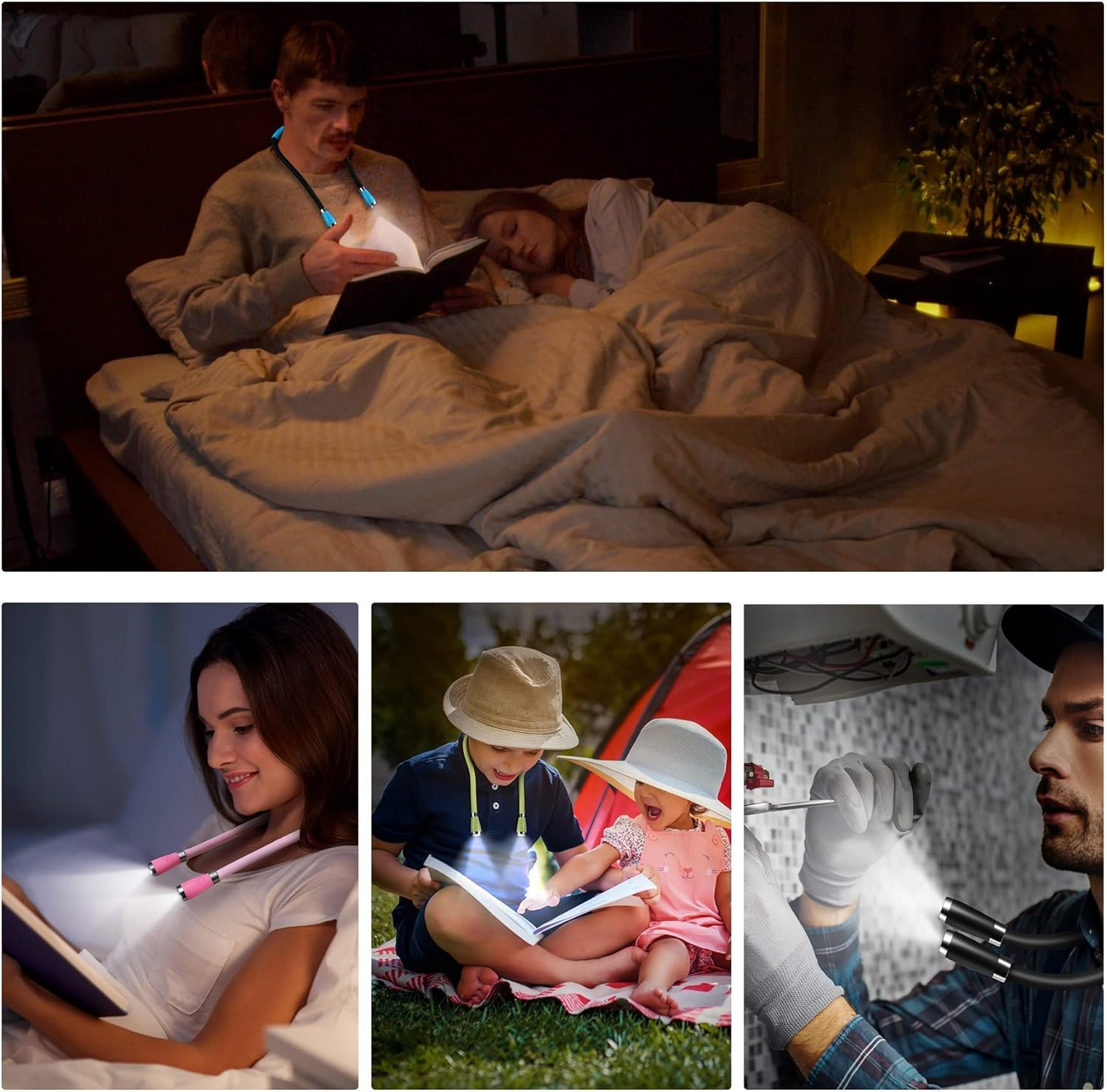 Singhong Neck Book Light LED Reading Lamp - USB Rechargeable, Hands Free, 4 LED Bulbs, 4 Adjustable Brightness, for Bed or Car (Black) - Blue image number 3