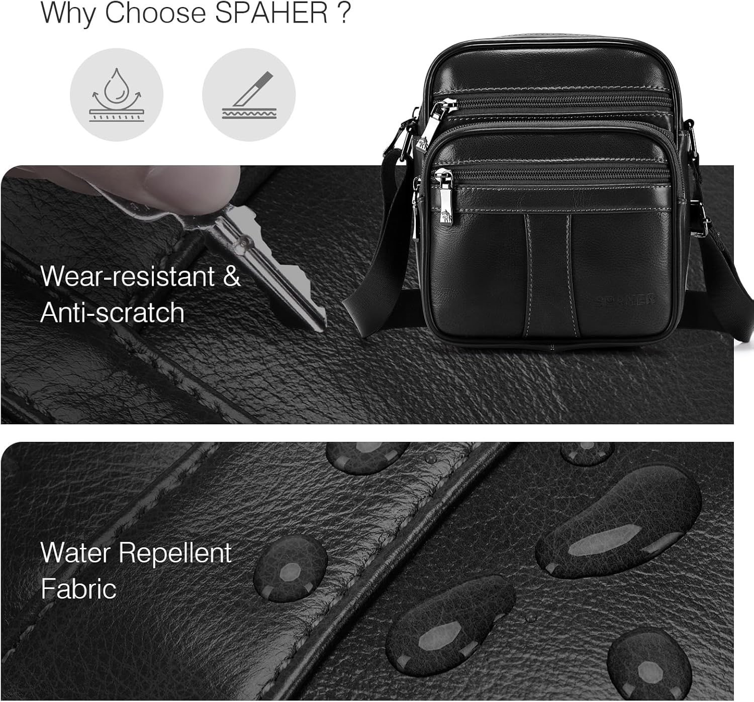 SPAHER Man Bag Small Shoulder Bag for Men Crossbody Leather Bags for Men Leather Handbag Shoulder Bag Business Messenger Backpack Crossbody Casual Sling Travelling Bag Mens Gift - A001 Black image number 7
