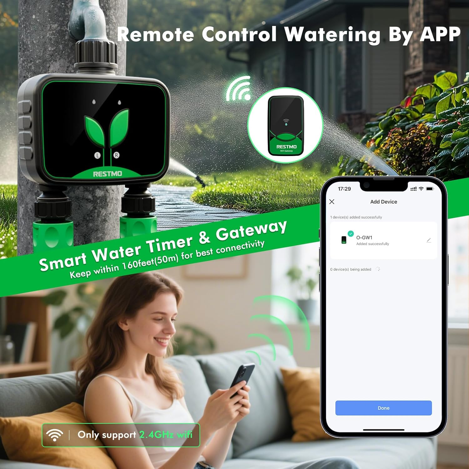 【2 Outlets】 RESTMO Smart Water Timer, Remote and Voice Control via App, RF to Wifi Tap Timer, Programmable Irrigation Controller with Auto/Manual/Rain Delay for Lawn, Garden, Drip System image number 3