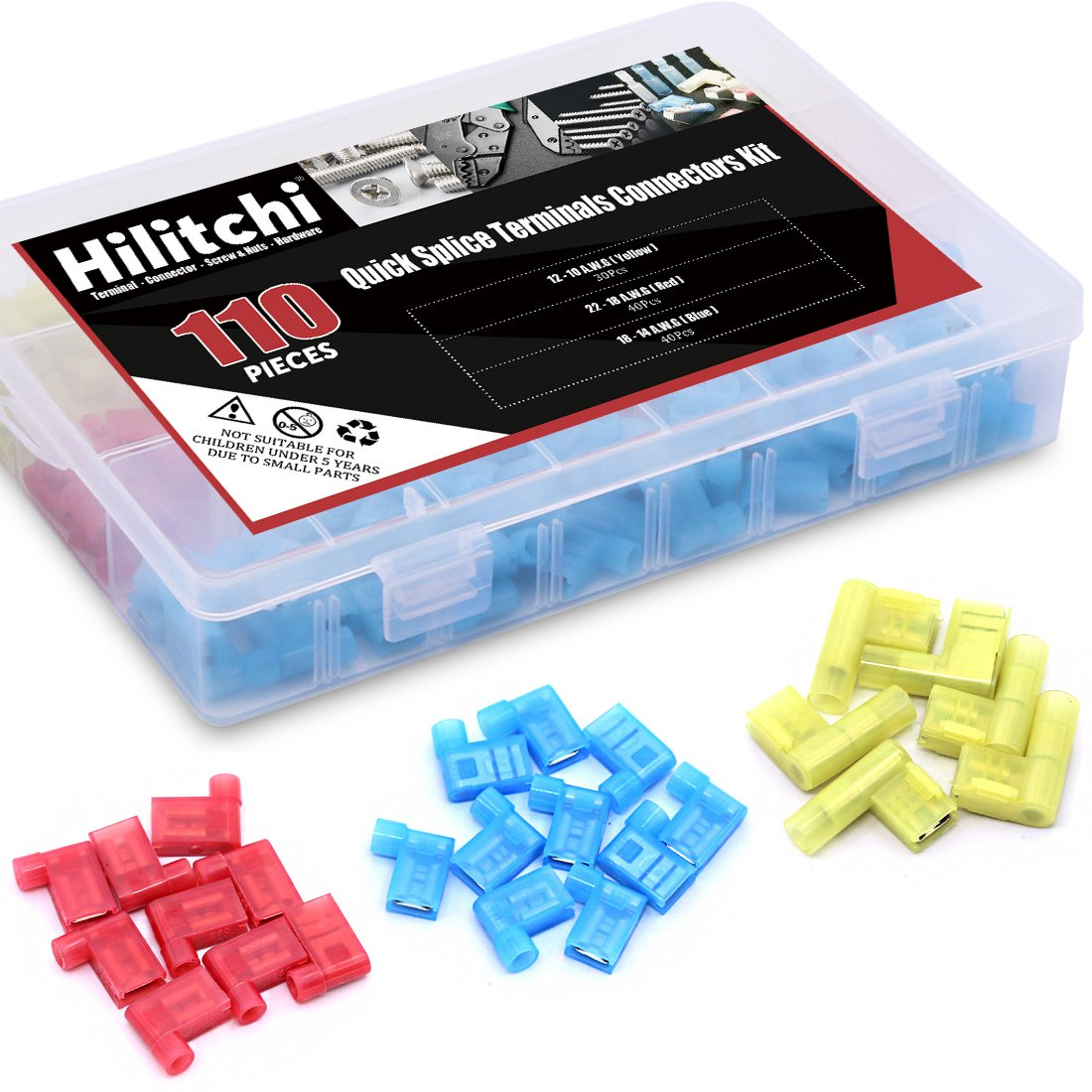 Hilitchi 110Pcs 22-18 18-14 12-10 Gauge Nylon Flag Spade Female Insulated Quick Disconnects Electrical Crimp Terminals Connector Assortment Set image number 2