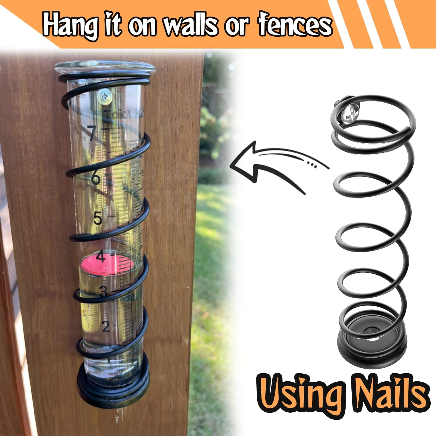 Toiclebor 7" Capacity Glass Rain Gauge,Big Capacity Metal Frame Rain Gauge,Scale Clear,Replacement,Detachable Rain Gauge with Stake,Decorative for Garden,Yard, Deck, Lawn, Landscape