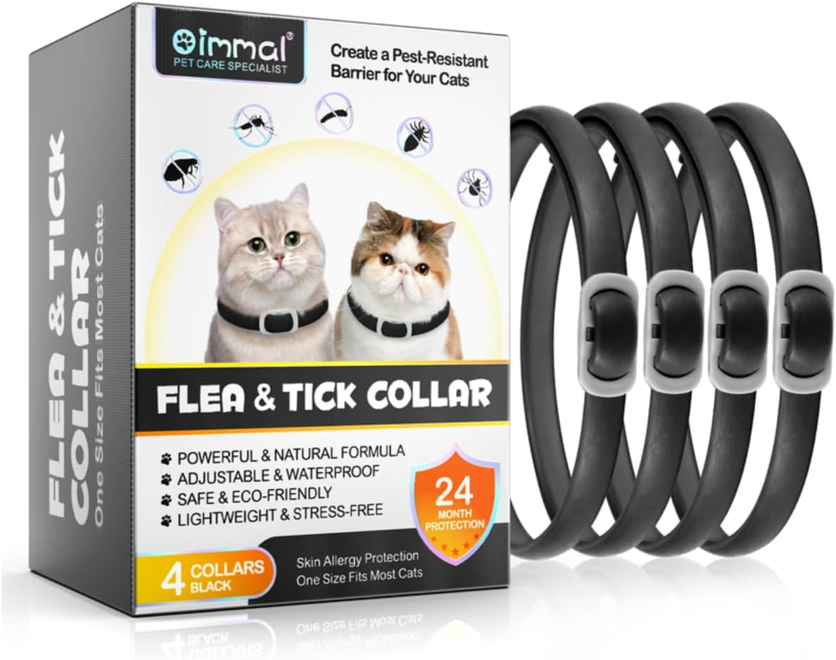 Cat Flea and Tick Collar | Flea & Tick Prevention | 24 Month Protection | Water Resistant | Adjustable | Safe for Cats | Natural Ingredients | Black Colour | Pack of 4