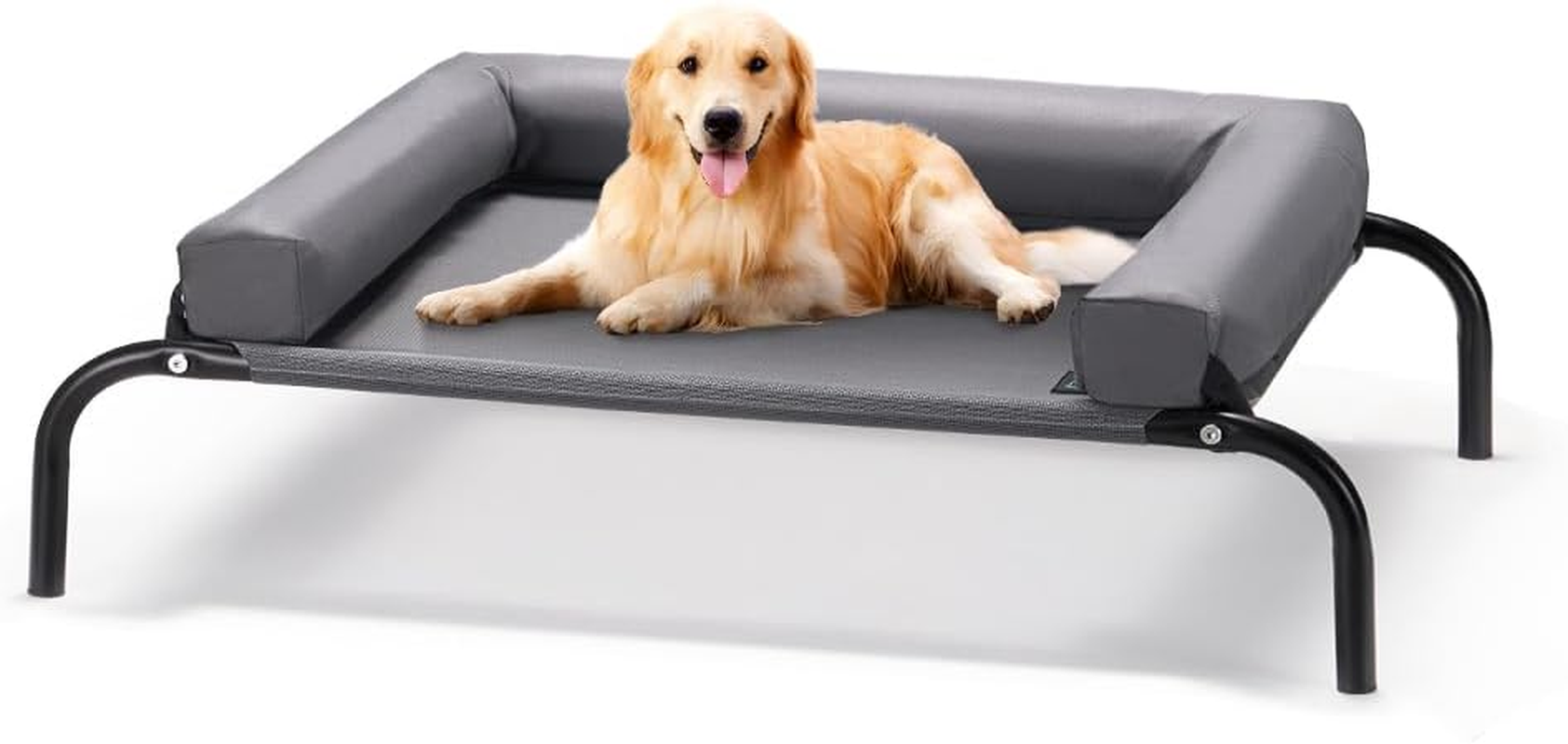 Petzly Cooling Elevated Dog Bed with Pillows, Raised Pet Bed for Large Extra Large Medium Dogs, Portable Washable Dog Cot with No-Slip Rubber Feet, Indoor & Outdoor Use, Black, Xlarge(123X90X20Cm)